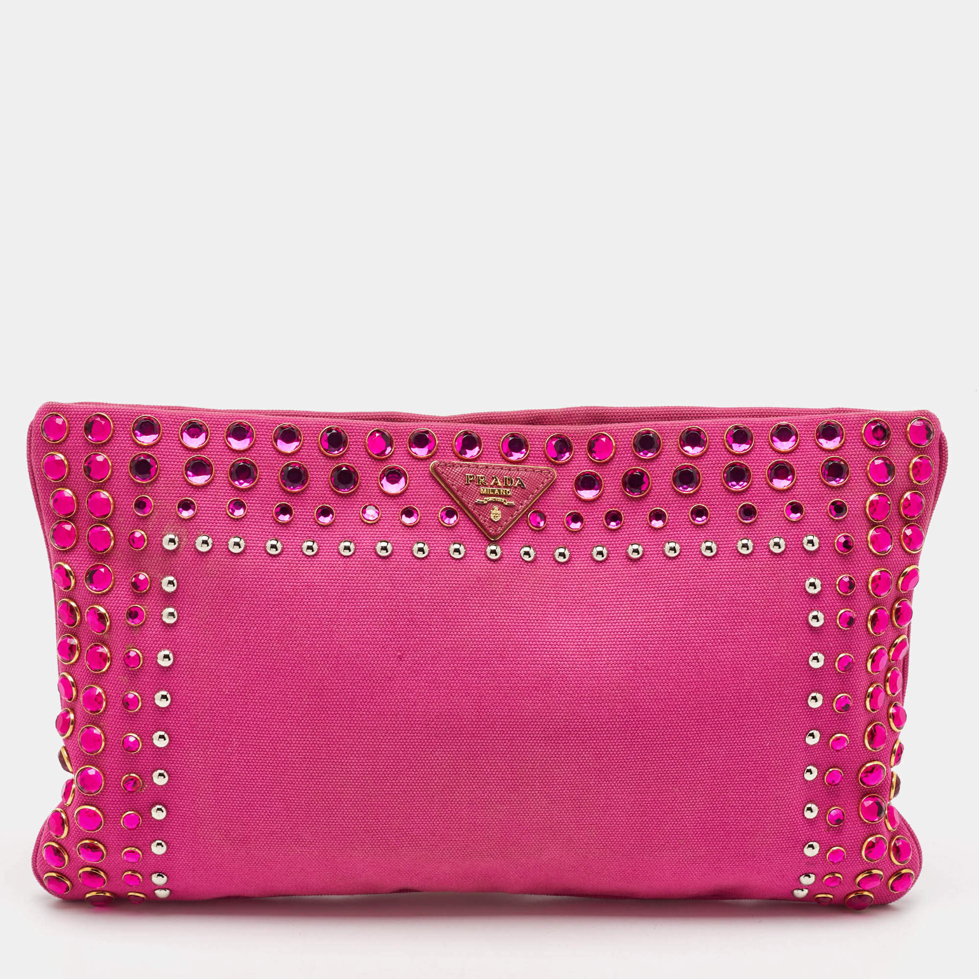 Pre Owned Prada Pink Canvas Crystal Embellished Zip Pouch Clutch