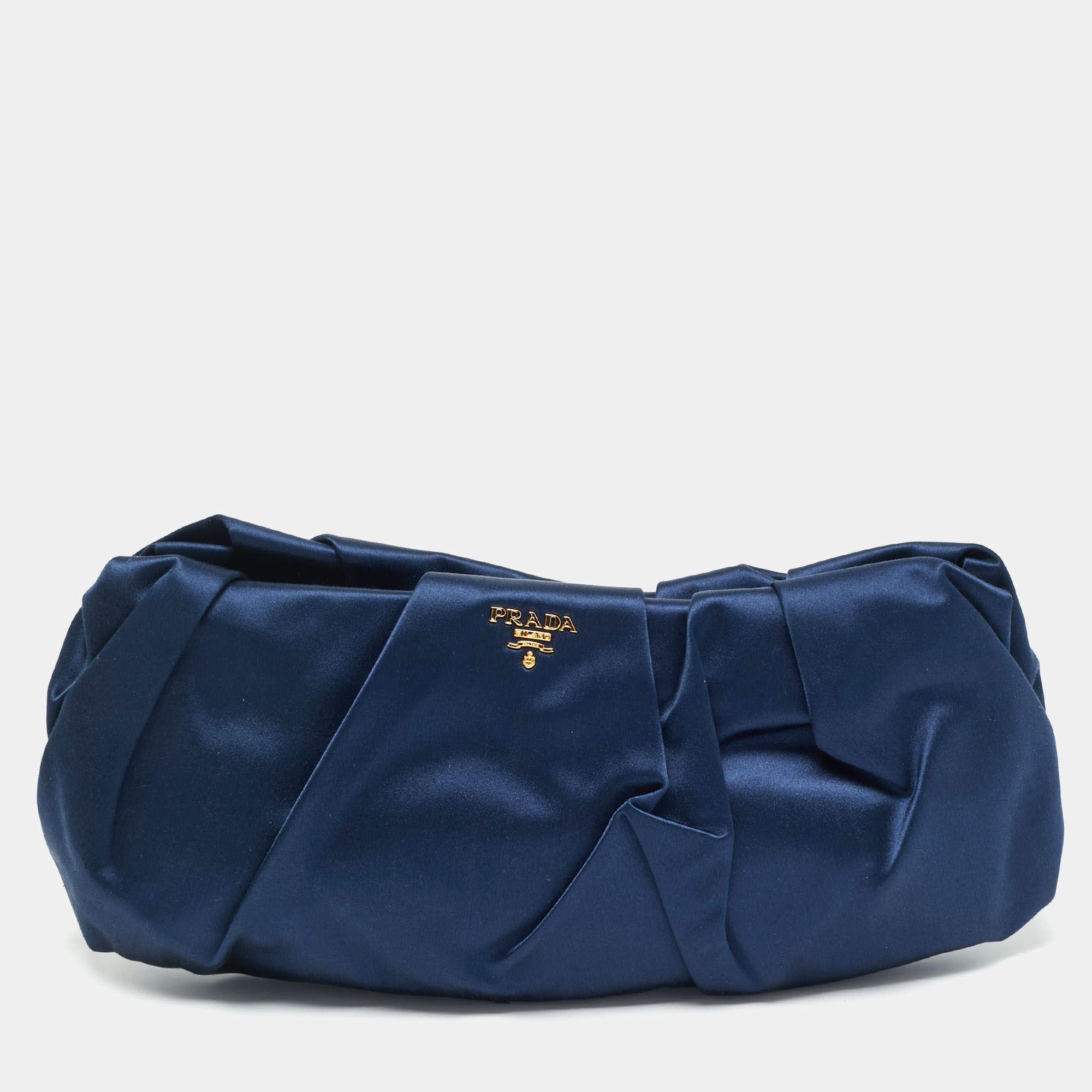 Prada Navy Blue Satin Pleated Raso Clutch