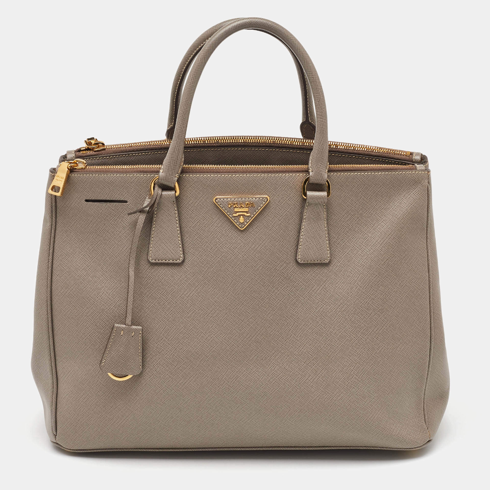 Pre Owned Prada Grey Saffiano Lux Leather Large Double Zip Tote