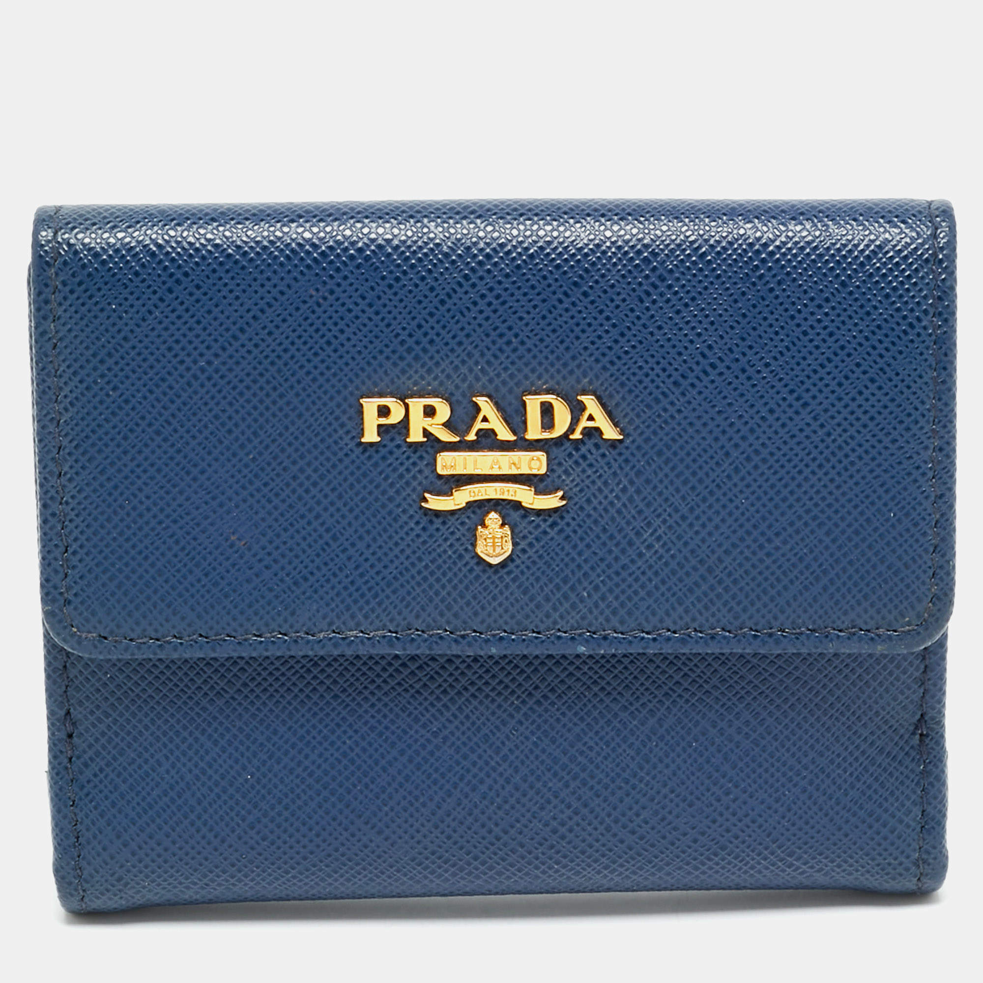 Pre Owned Prada Blue Saffiano Metal Leather French Compact Wallet