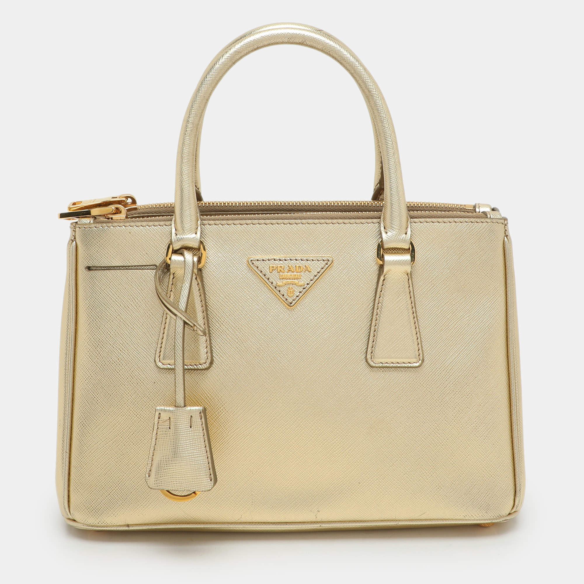 Pre Owned Prada Gold Saffiano Lux Leather Small Galleria Double Zip Tote