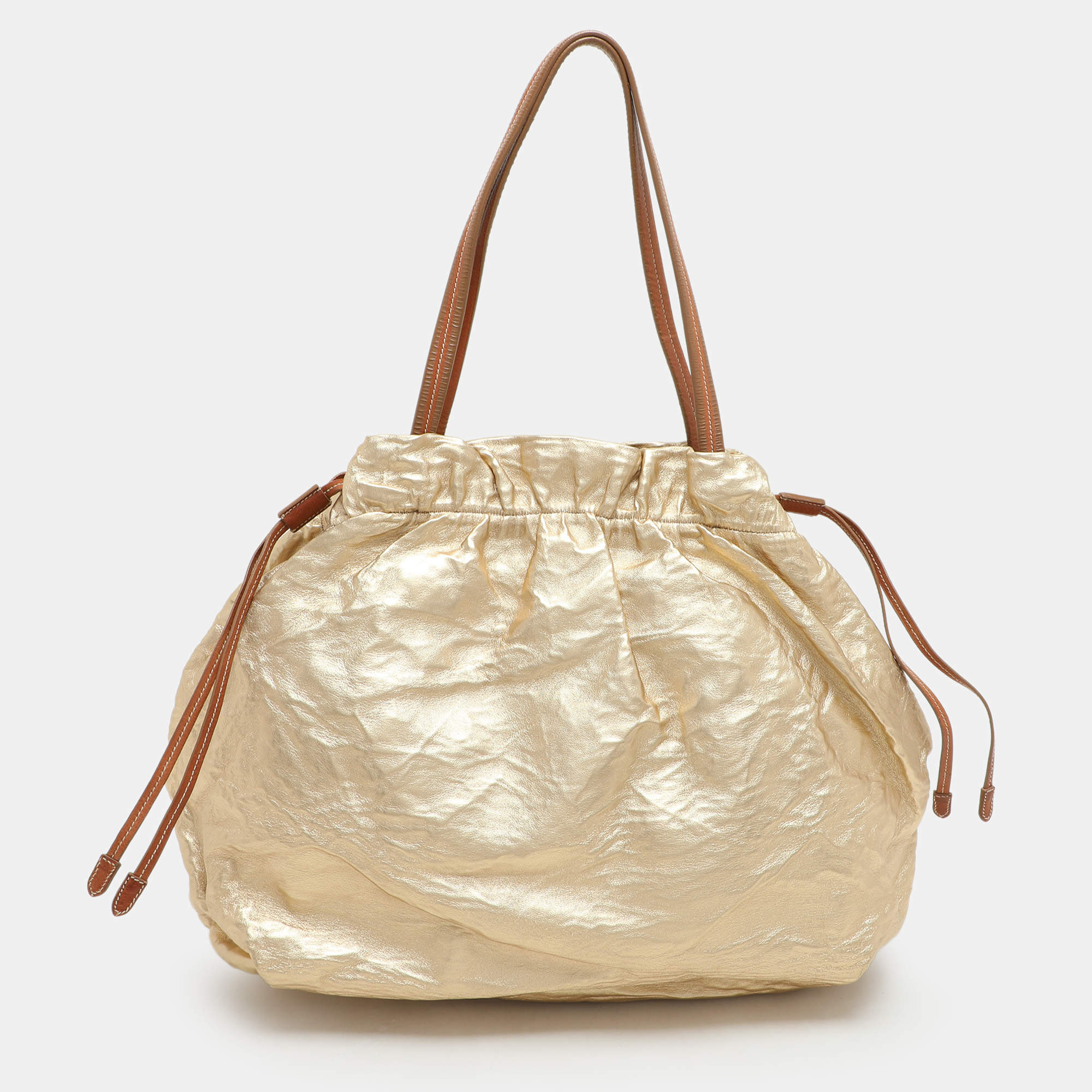 Pre Owned Prada Gold Metalic Leather Drawstring Tote