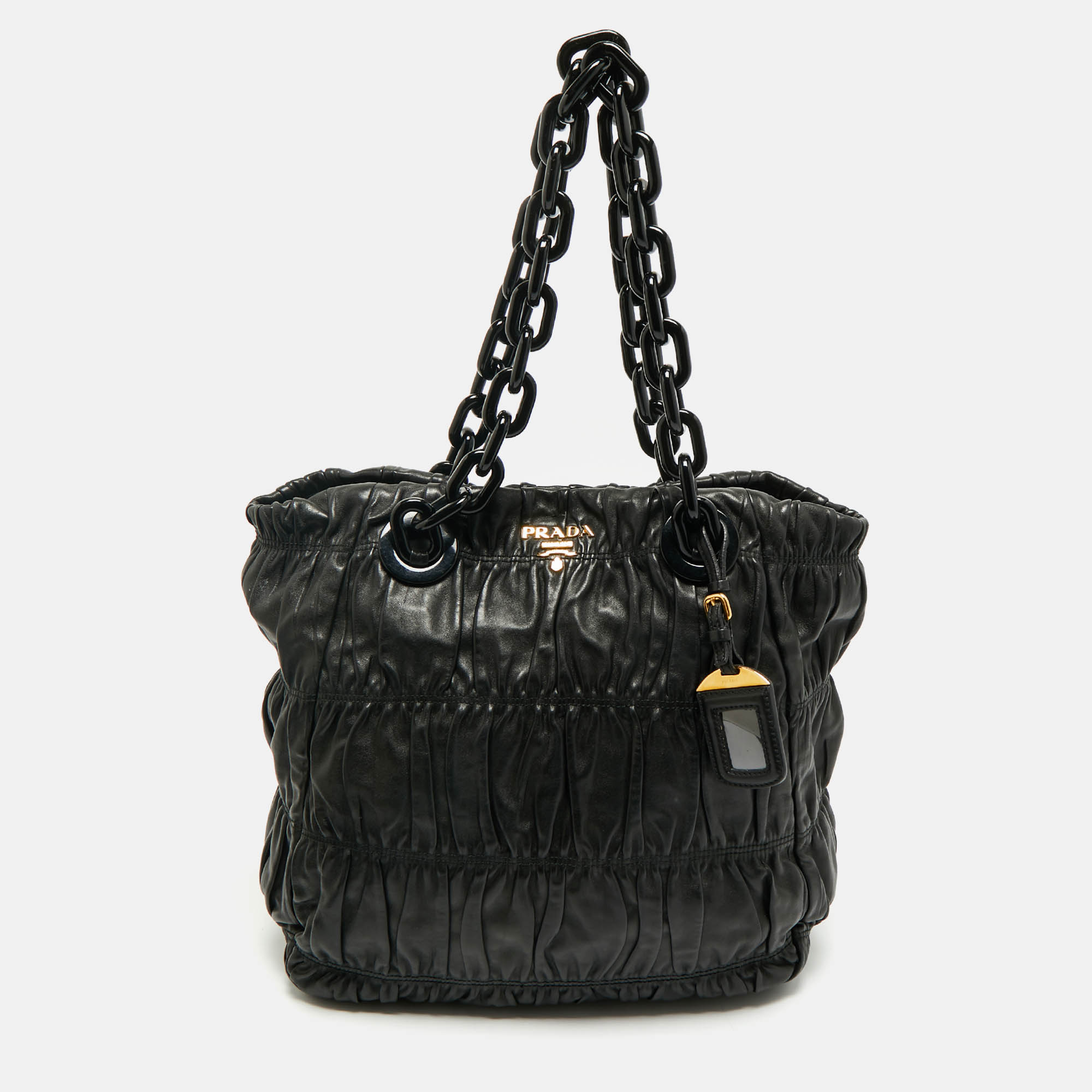 Pre Owned Prada Black Gaufre Leather Chain Tote