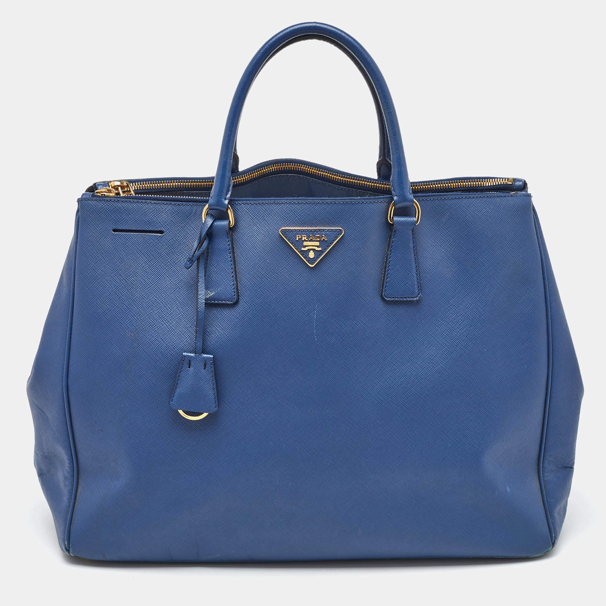 Pre Owned Prada Blue Saffiano Lux Leather Extra Large Galleria Double Zip Tote