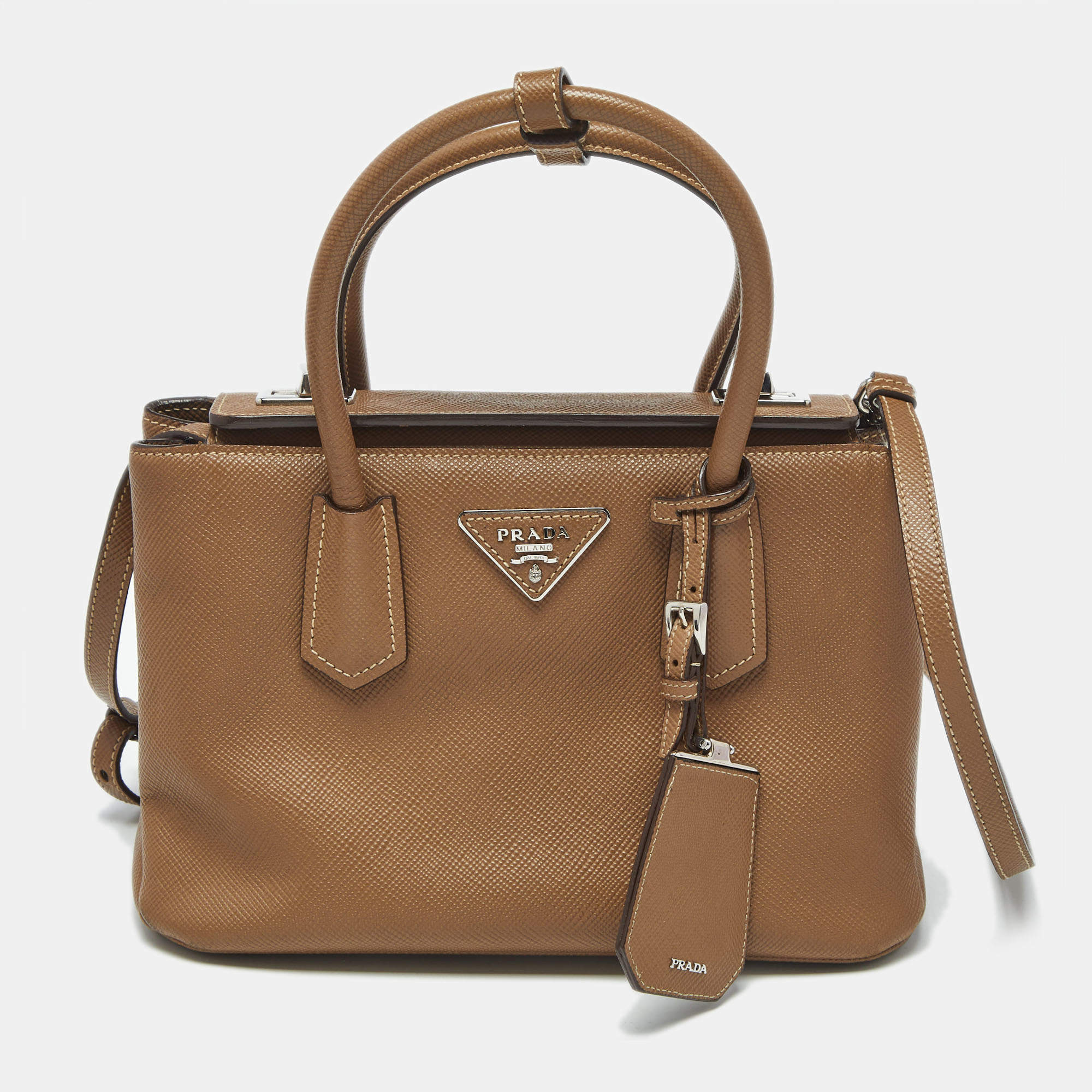 Pre Owned Prada Brown Saffiano Cuir Leather Twin Turnlock Tote