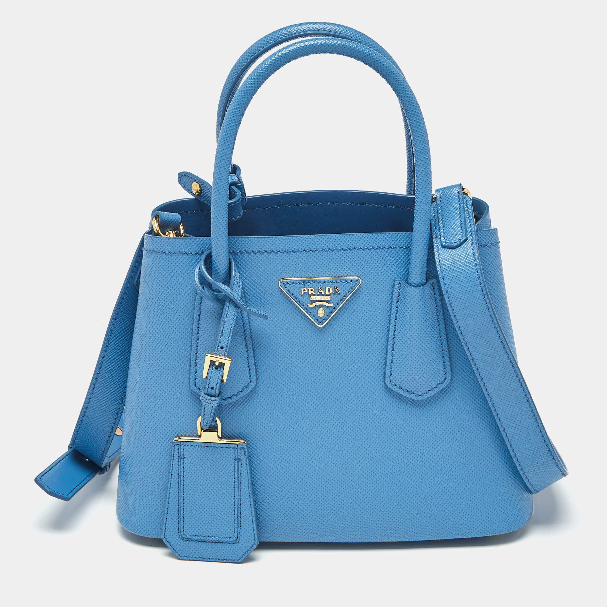 Pre Owned Prada Blue Saffiano Cuir Leather Mini Double Handle Tote