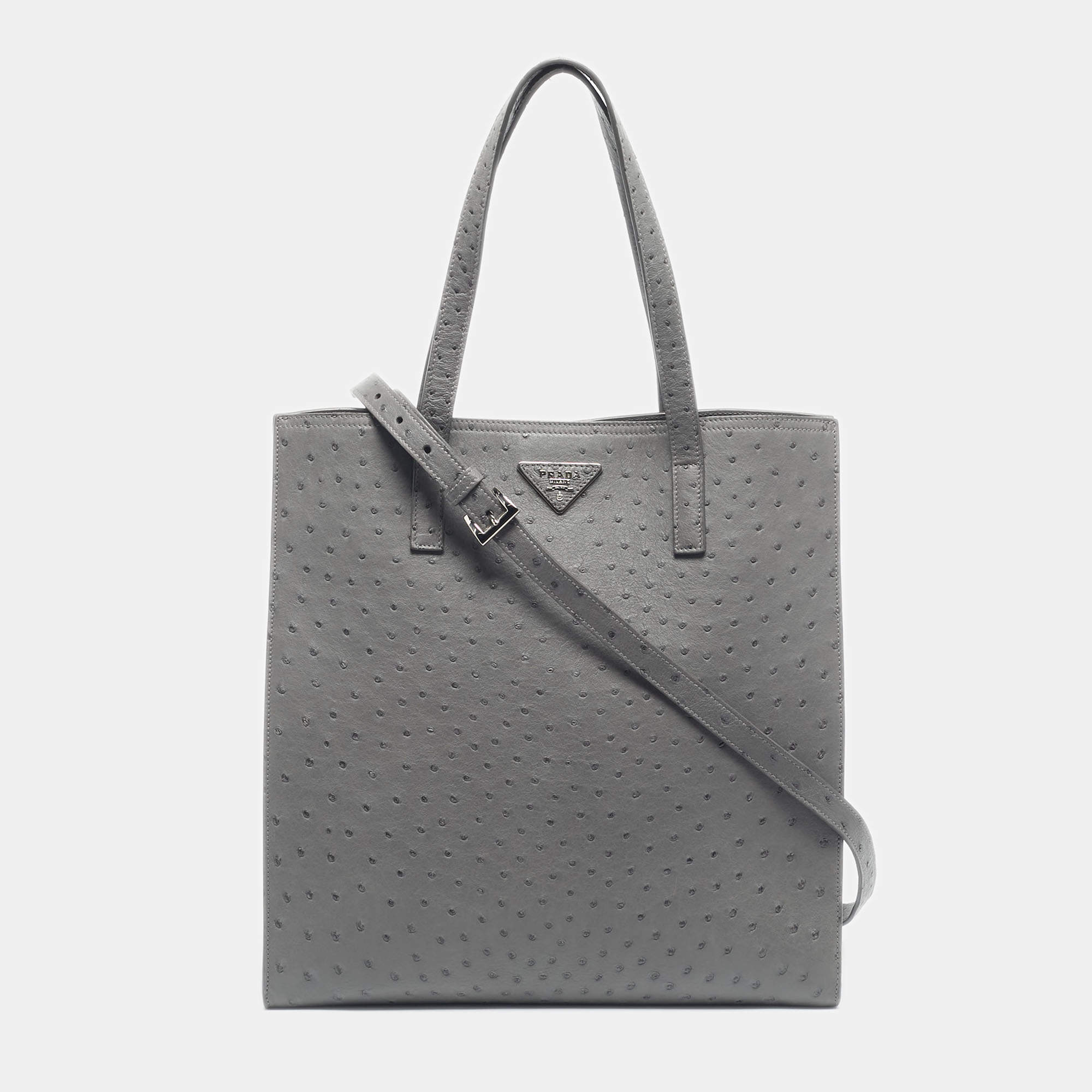 Pre Owned Prada Grey Ostrich Leather Tote