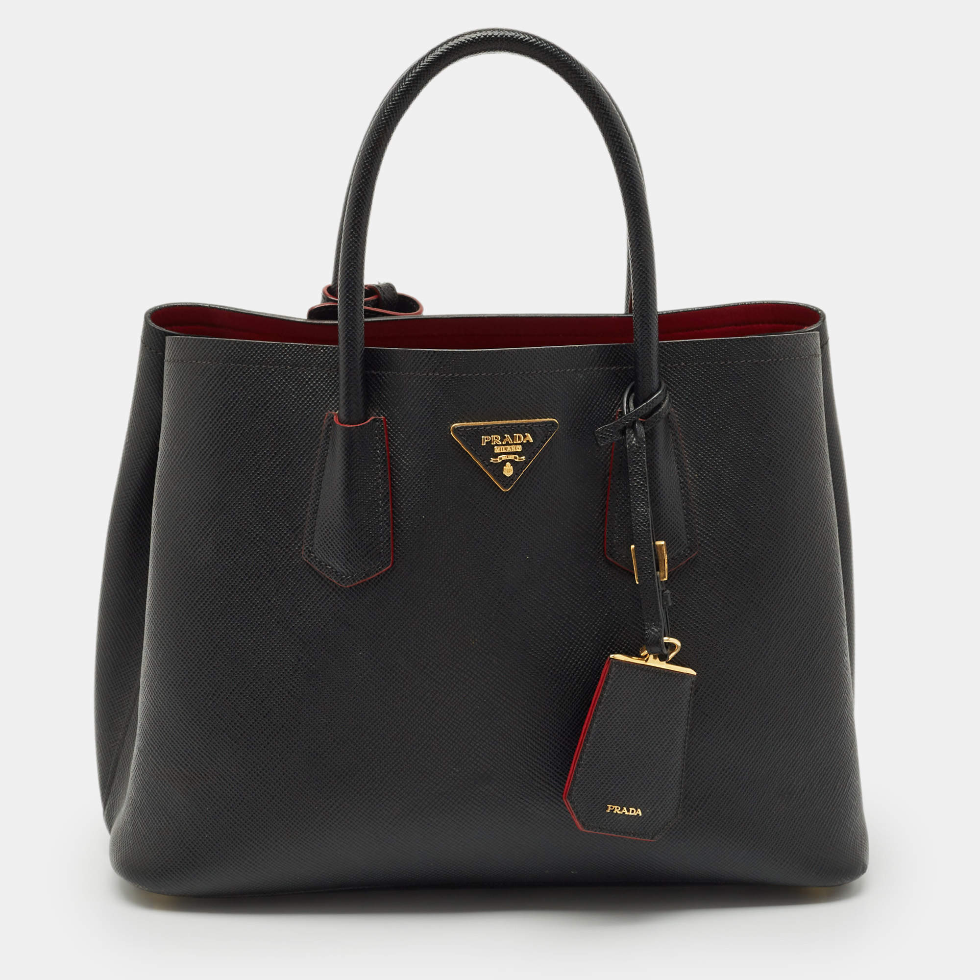 Pre Owned Prada Black Saffiano Cuir Leather Medium Double Handle Tote