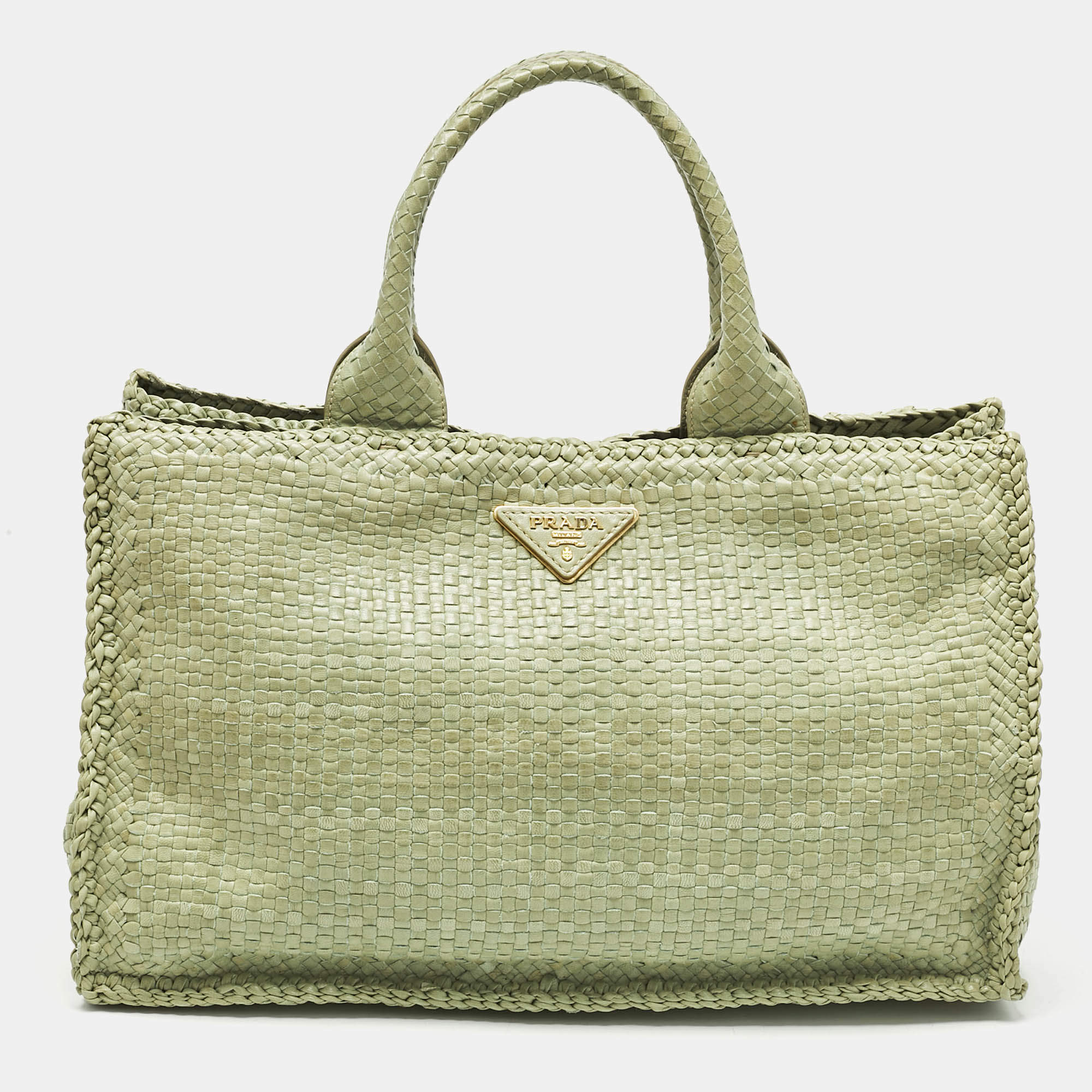 Pre Owned Prada Light Green Madras Leather Woven Tote