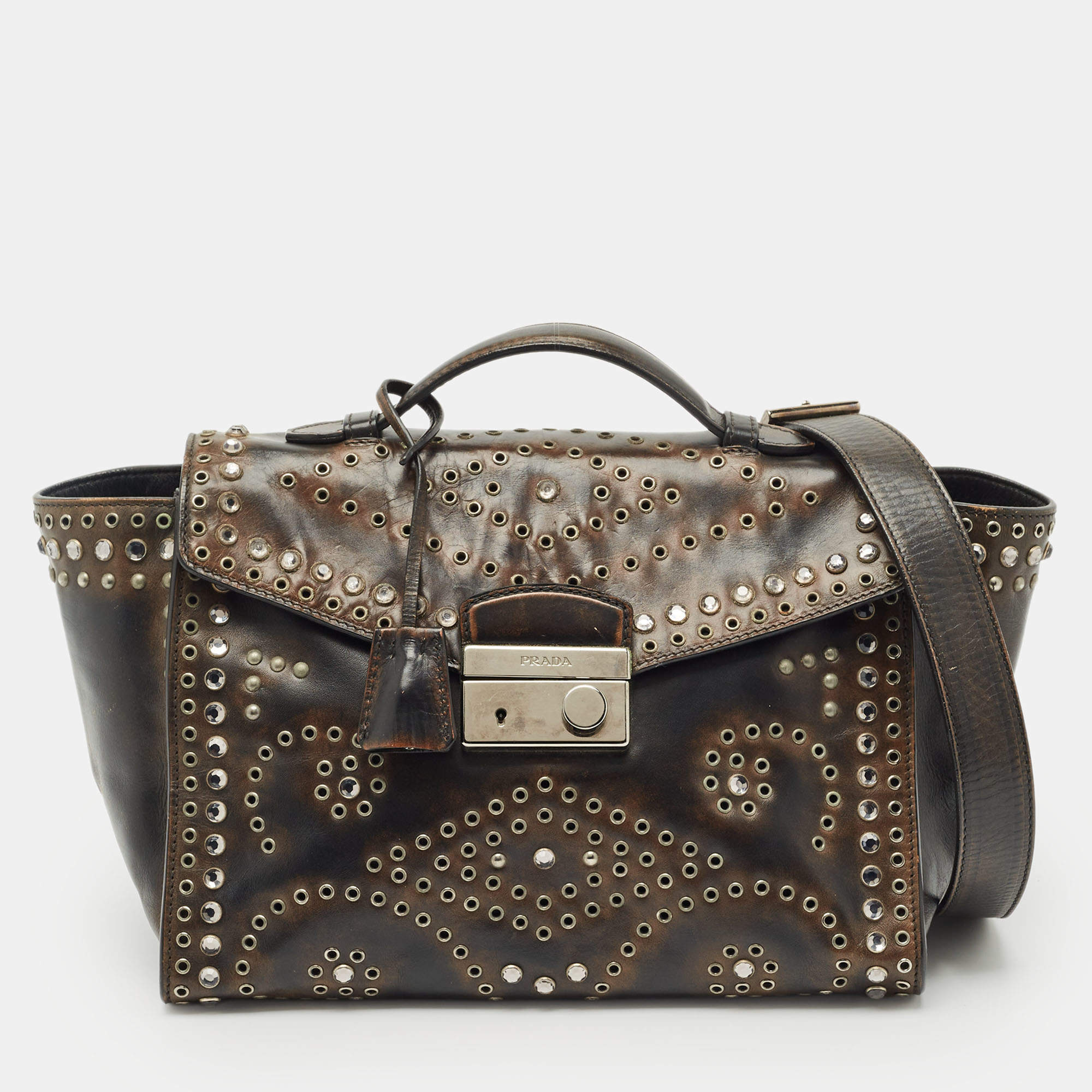 Pre Owned Prada Dark Brown Leather Embellished Sound Twin Pocket Top Handle Bag