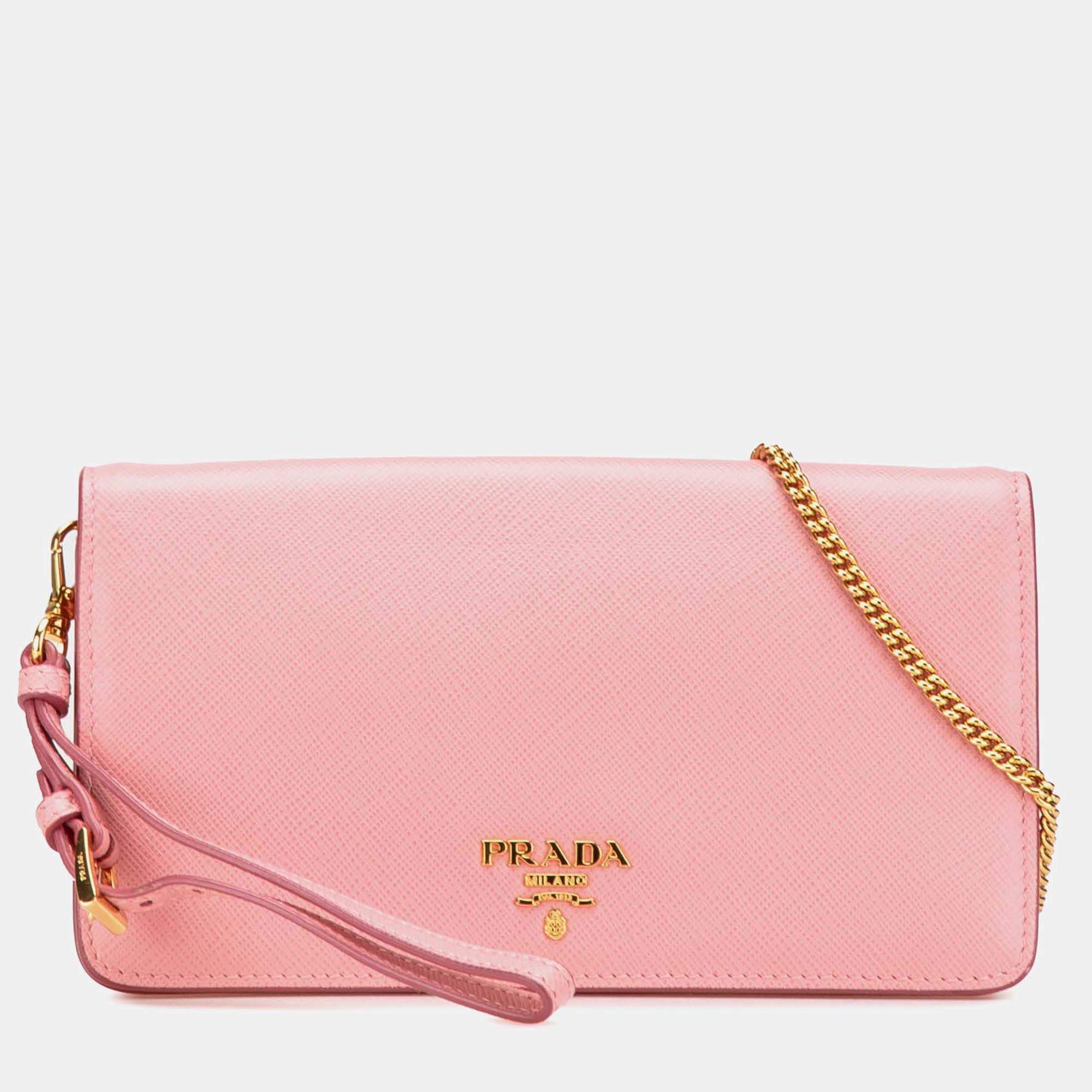Pre Owned Prada Pink Saffiano Lux Wallet on Chain