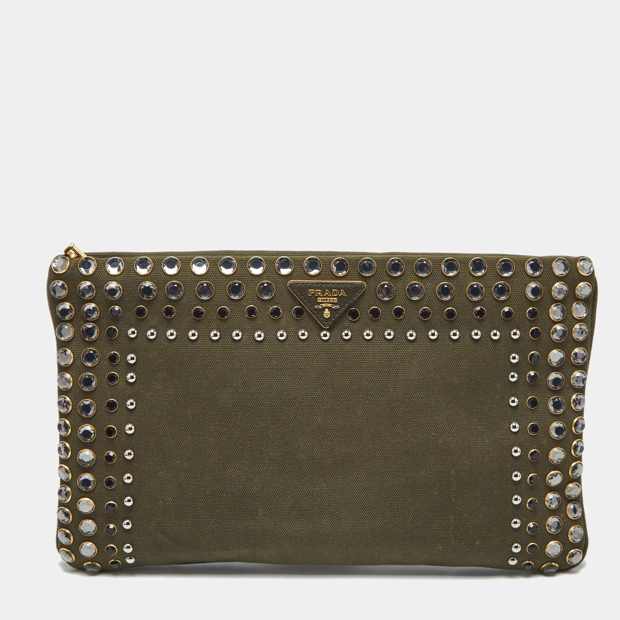 Pre Owned Prada Military Green Canvas Crystal Studded Clutch