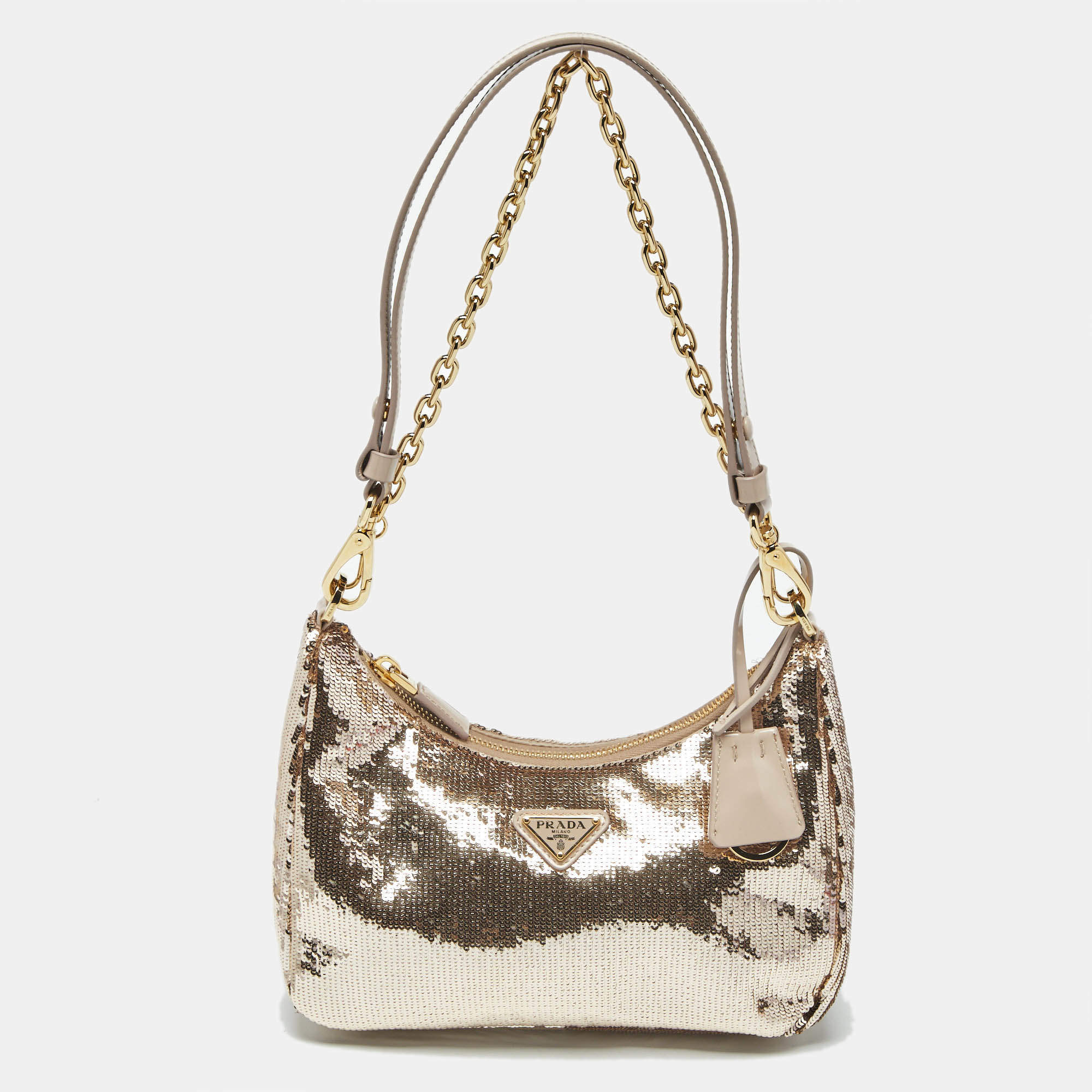 Pre Owned Prada Metallic/Beige Sequins Mini Re-edition Shoulder Bag