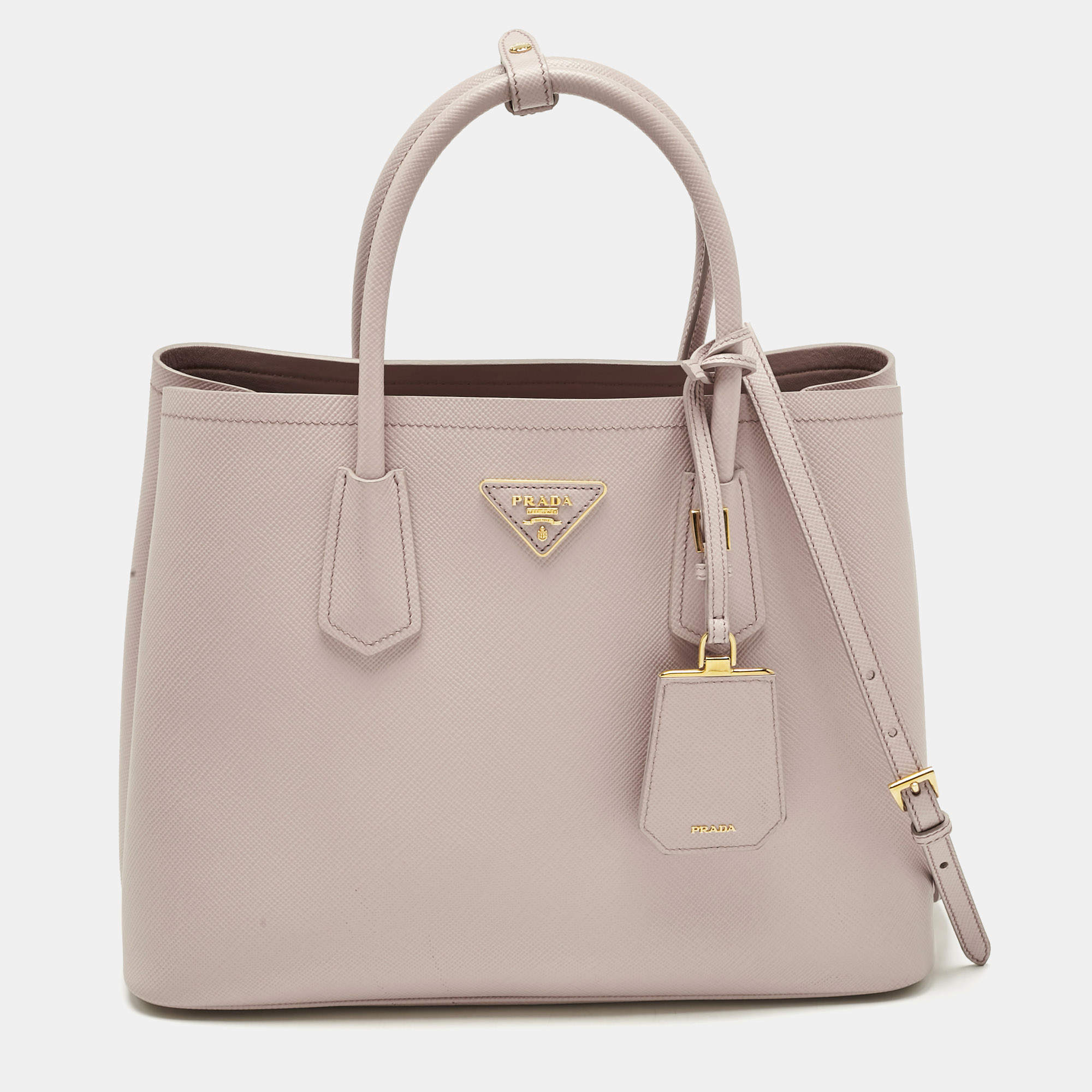 Pre Owned Prada Light Pink Saffiano Cuir Leather Medium Double Handle Tote