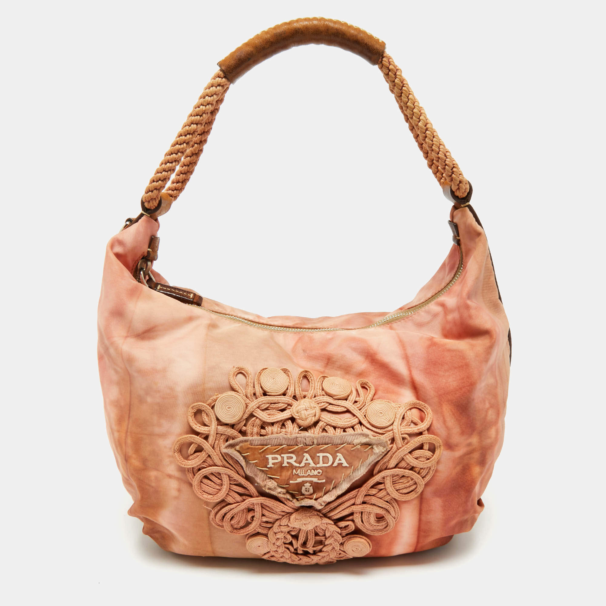 Pre Owned Prada Orange/Brown Leather and Nylon Logo Tie Dye Hobo