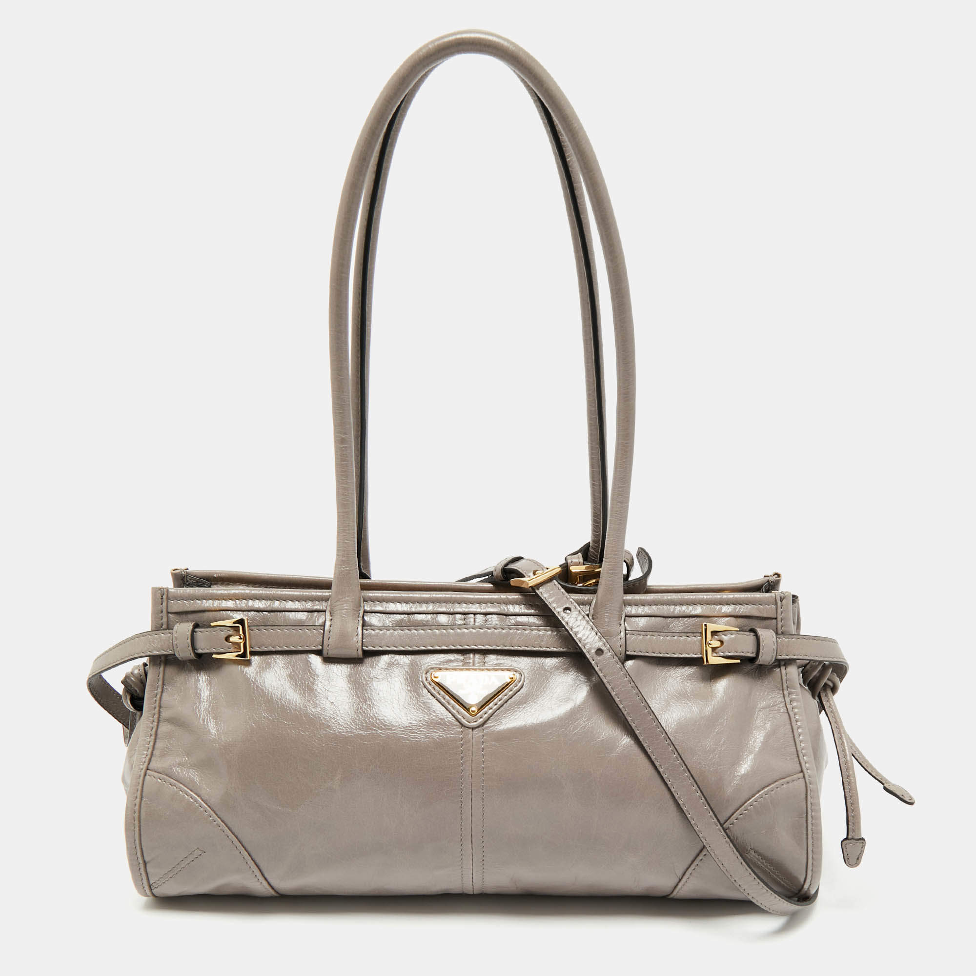 Pre Owned Prada Grey Vitello Shine Leather East-West Tote