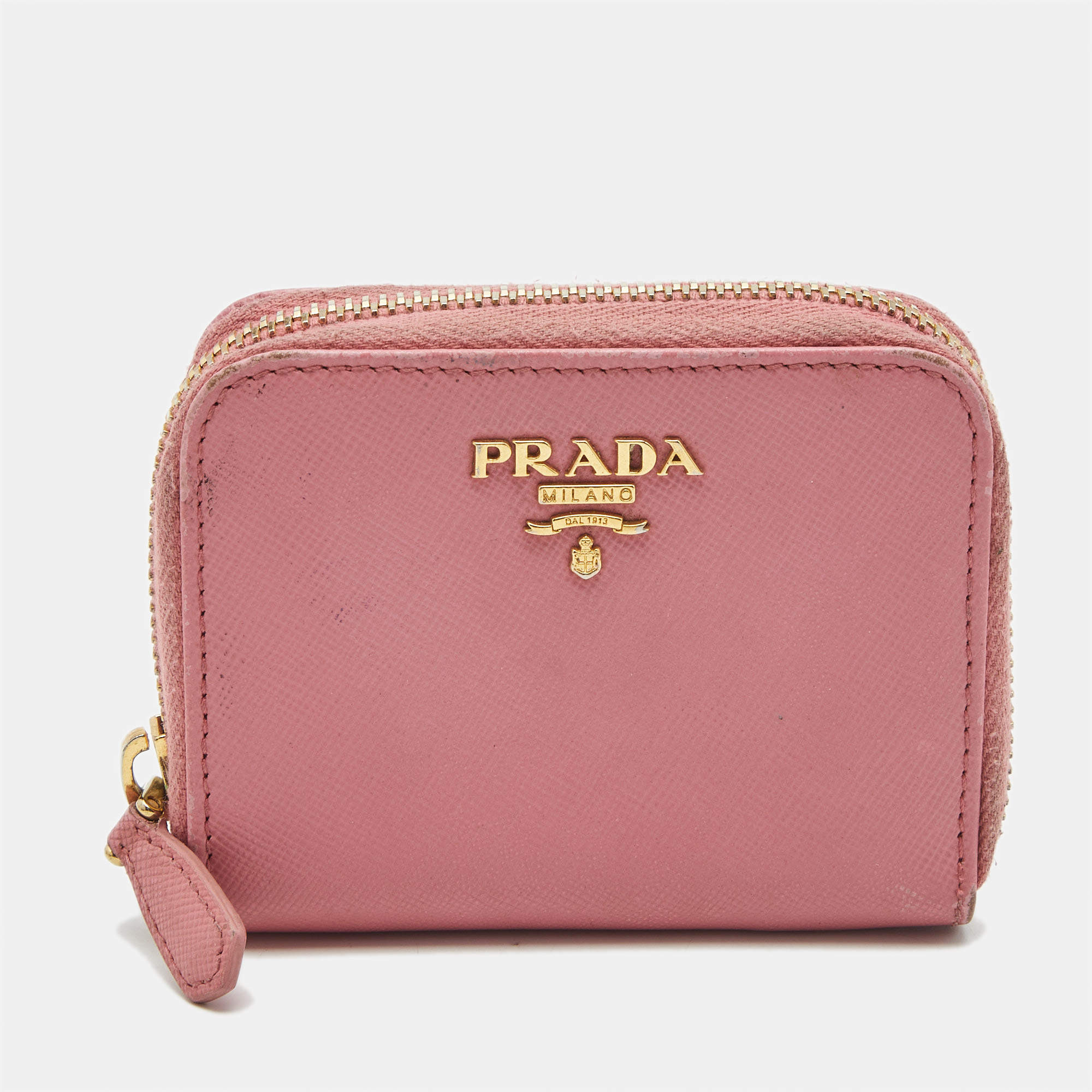 Pre Owned Prada Pink Saffiano Leather Zip Coin Purse