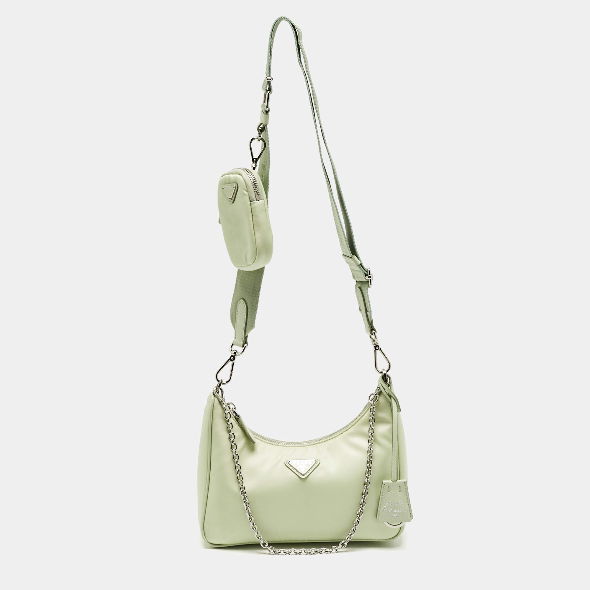 Pre Owned Prada Mint Green Re Nylon and Saffiano Leather Re-Edition 2005 Shoulder Bag