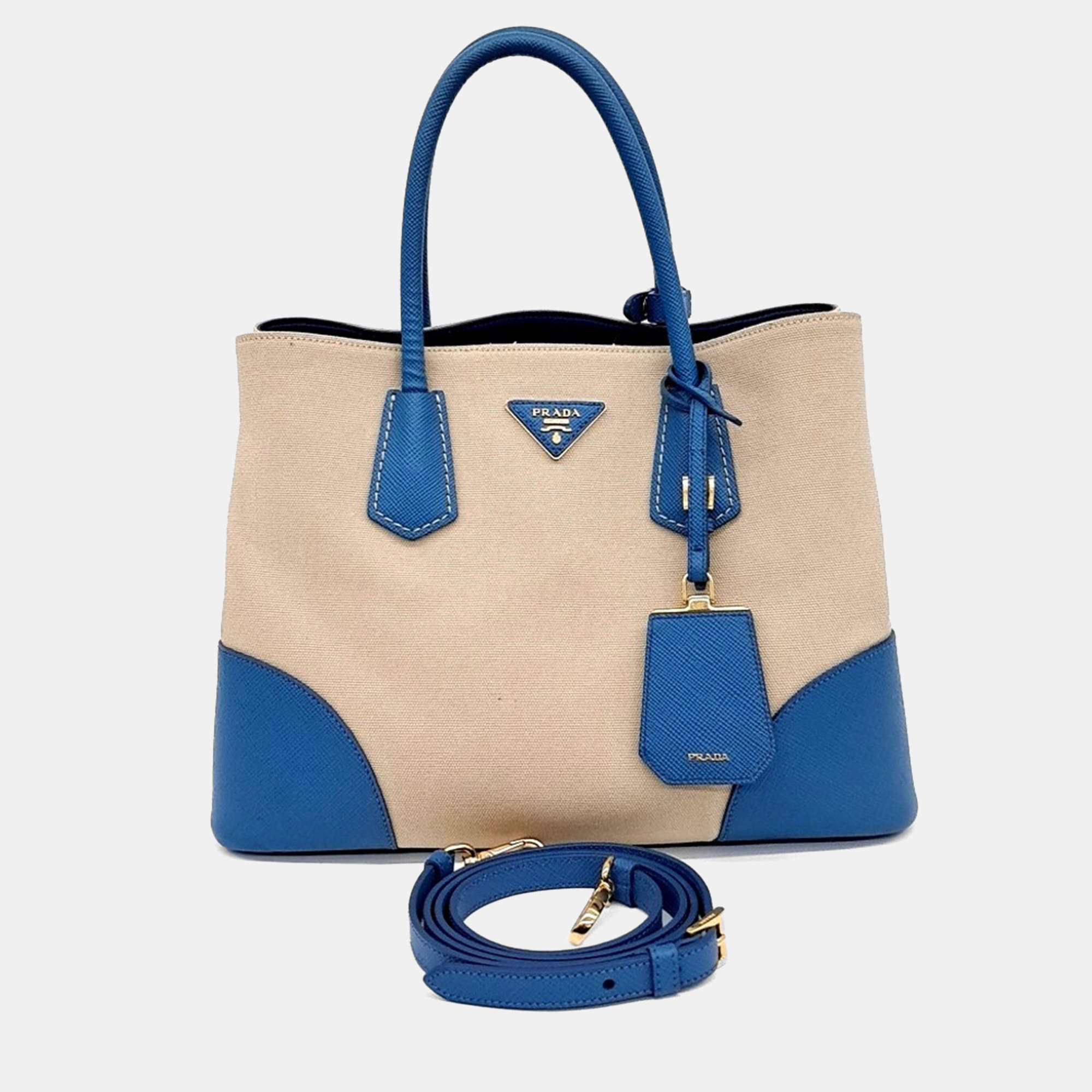 Pre Owned Prada Beige Blue Canvas and Saffiano Leather Canappa Saffiano Double Tote and Shoulder Bag