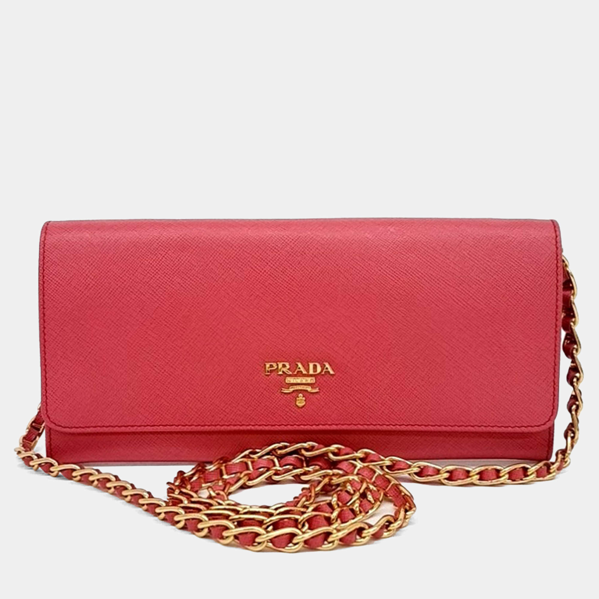 Pre Owned Prada Pink Leather Saffiano long wallet and chain crossbody bag
