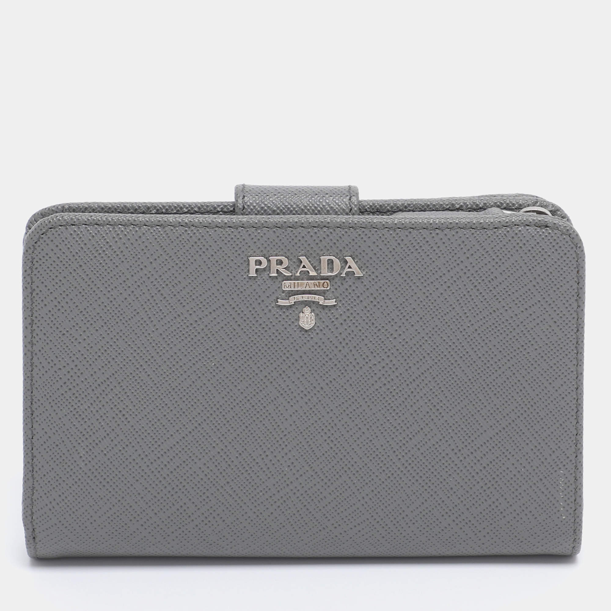 Pre Owned Prada Grey Saffiano Metal Leather Flap French Wallet