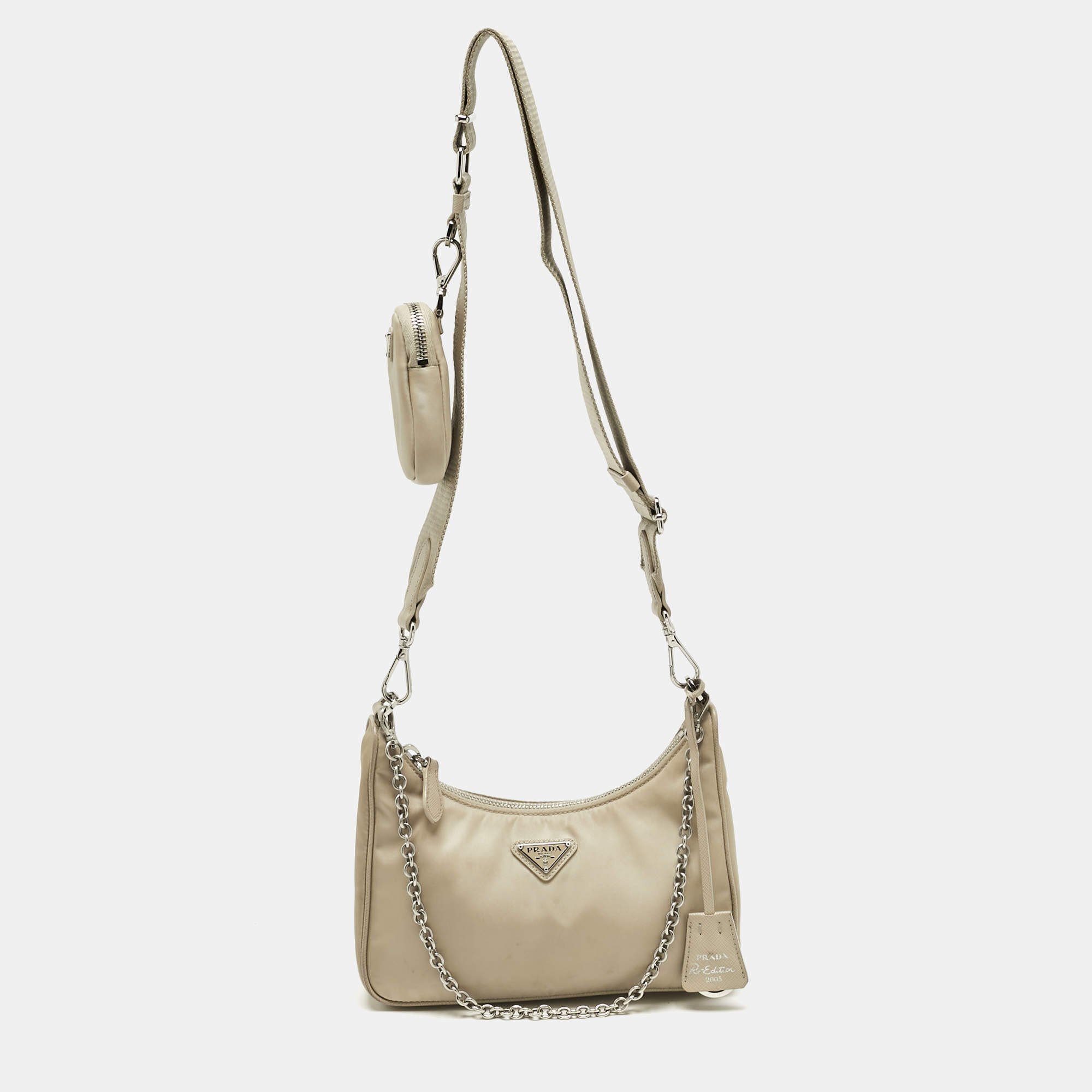 Pre Owned Prada Beige Re-Nylon and Saffiano Leather Re-Edition 2005 Shoulder Bag