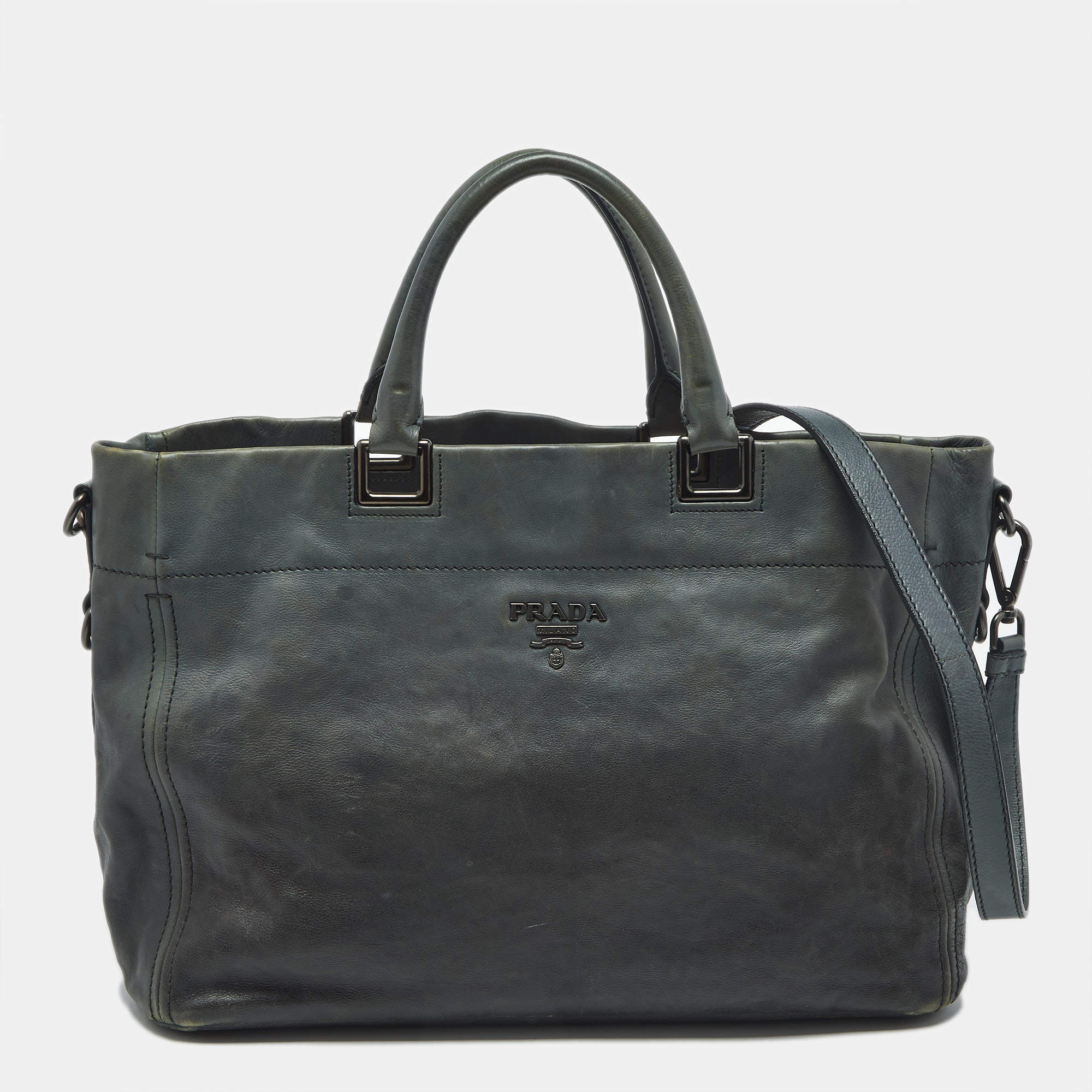 Pre Owned Prada Ombre Teal Leather Snap Tote