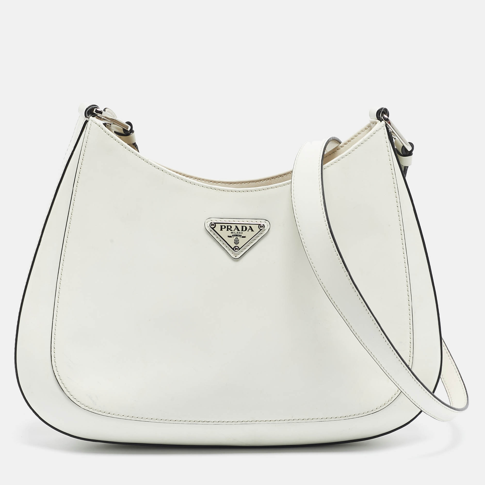 Pre Owned Prada White Brushed Leather Cleo Shoulder Bag