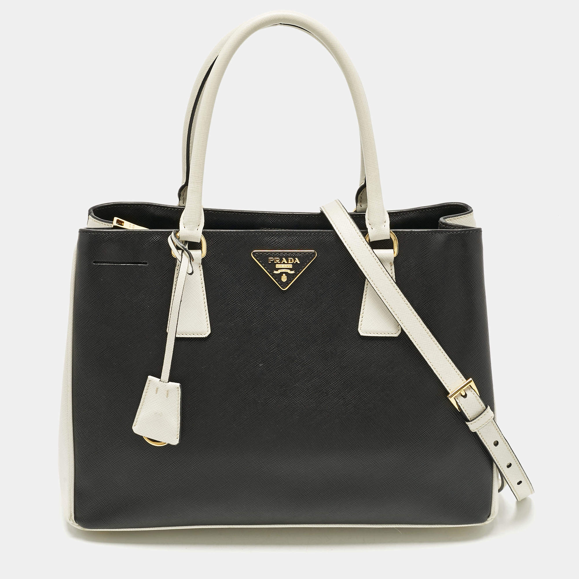 Pre Owned Prada Black/White Saffiano Leather Medium Open Tote