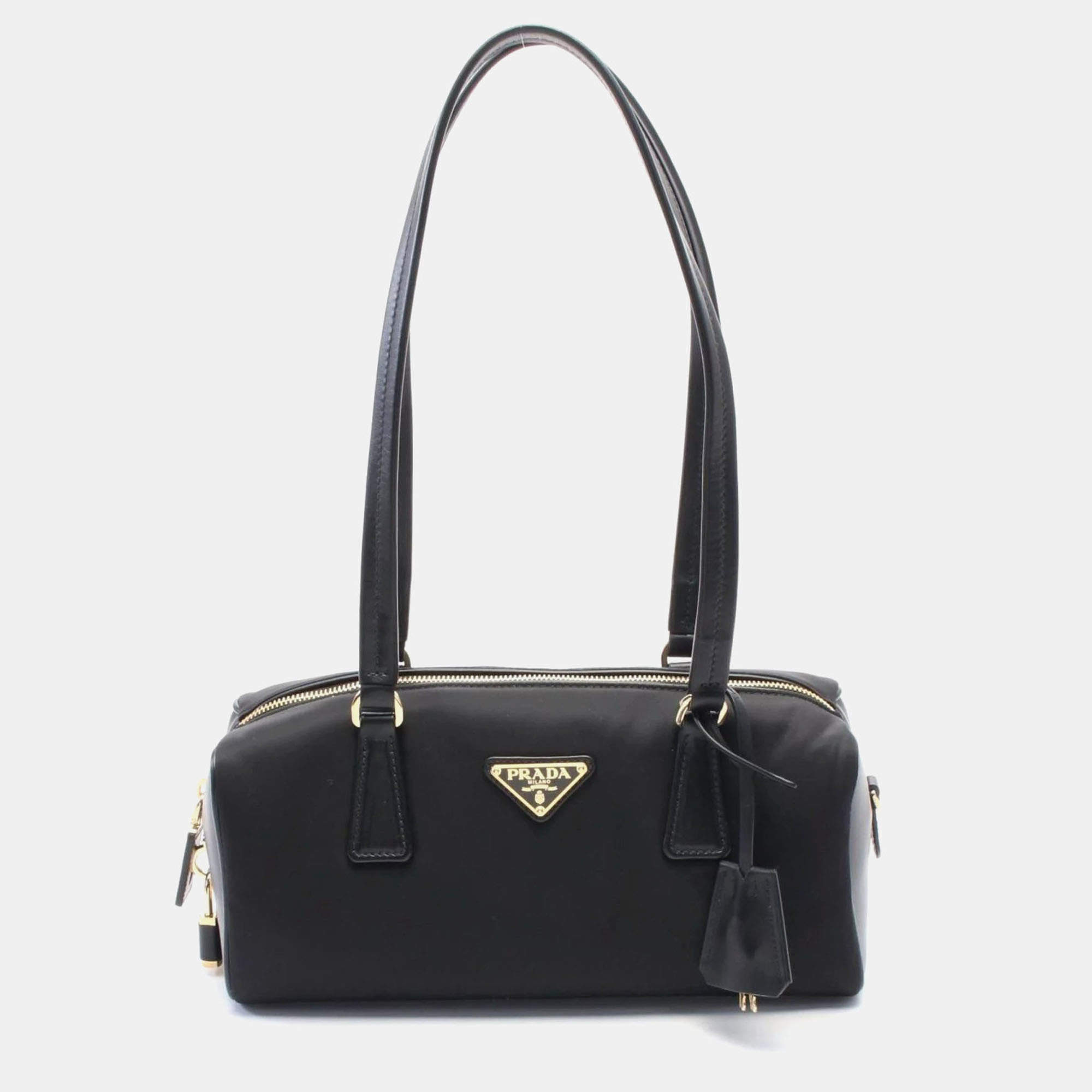 Pre Owned Prada Re-Nylon Medium Black Nylon Leather Shoulder Bag