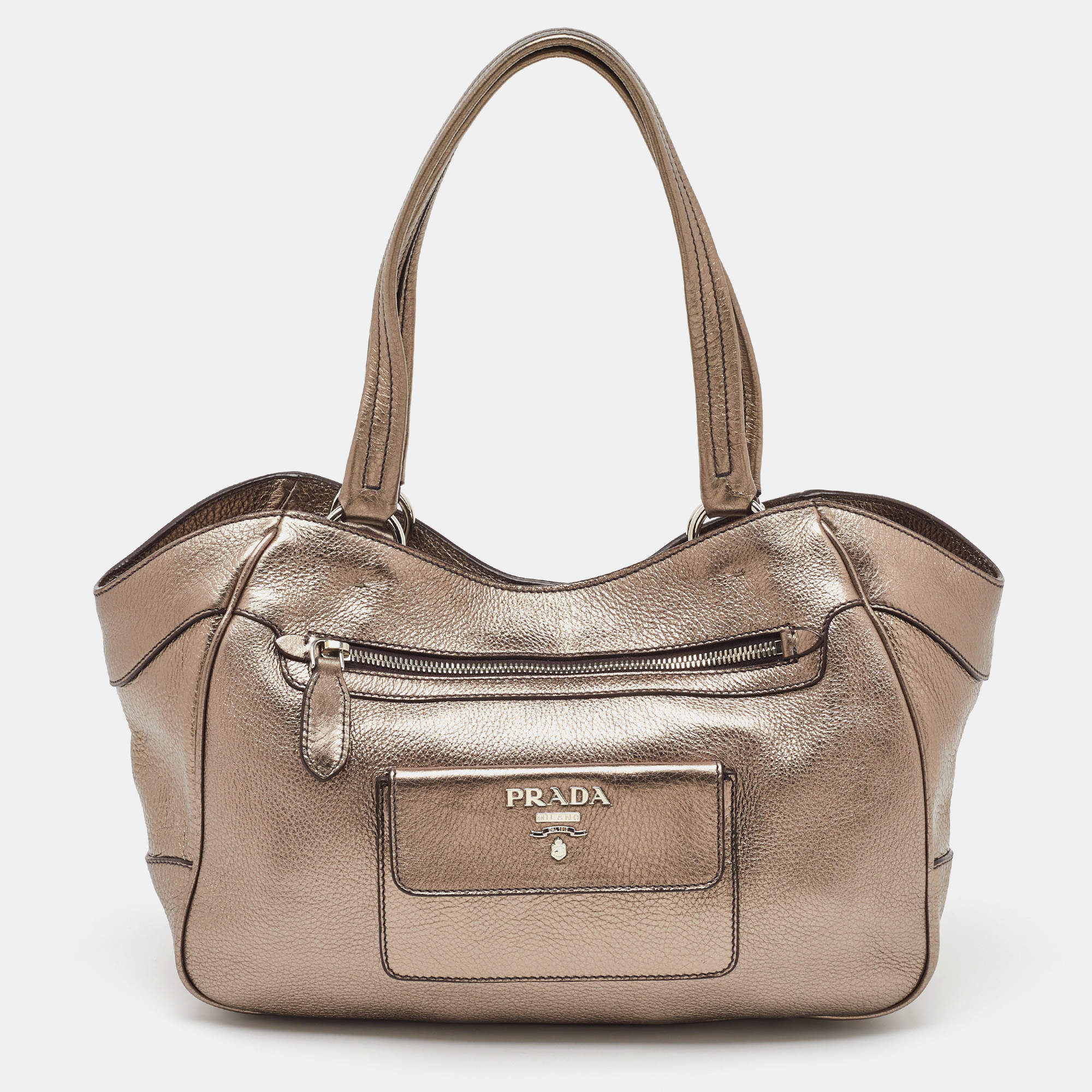 Pre Owned Prada Metallic Grey Leather Vitello Daino Front Pocket Shoulder Bag