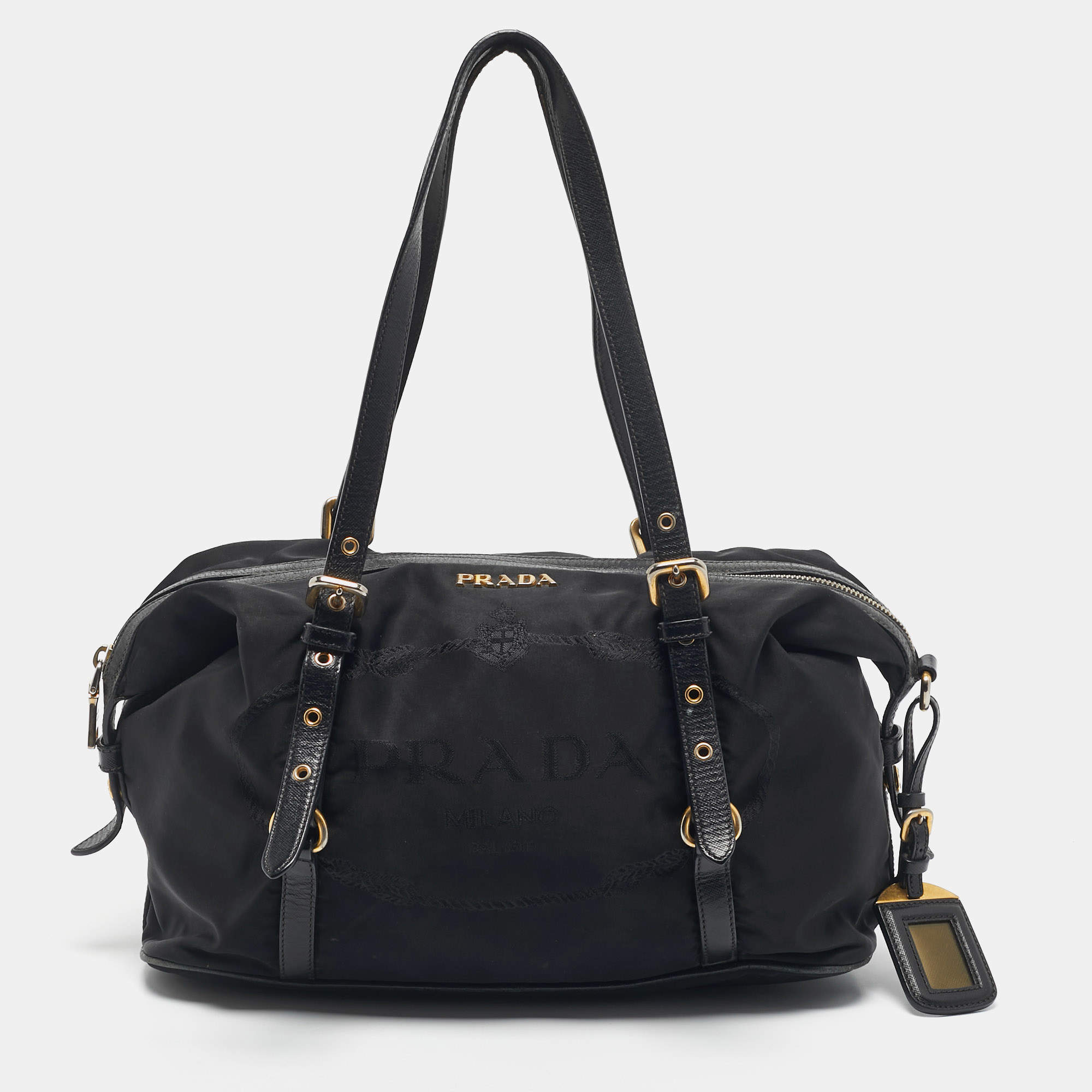 Pre Owned Prada Black Leather and Nylon Logo Buckle Satchel