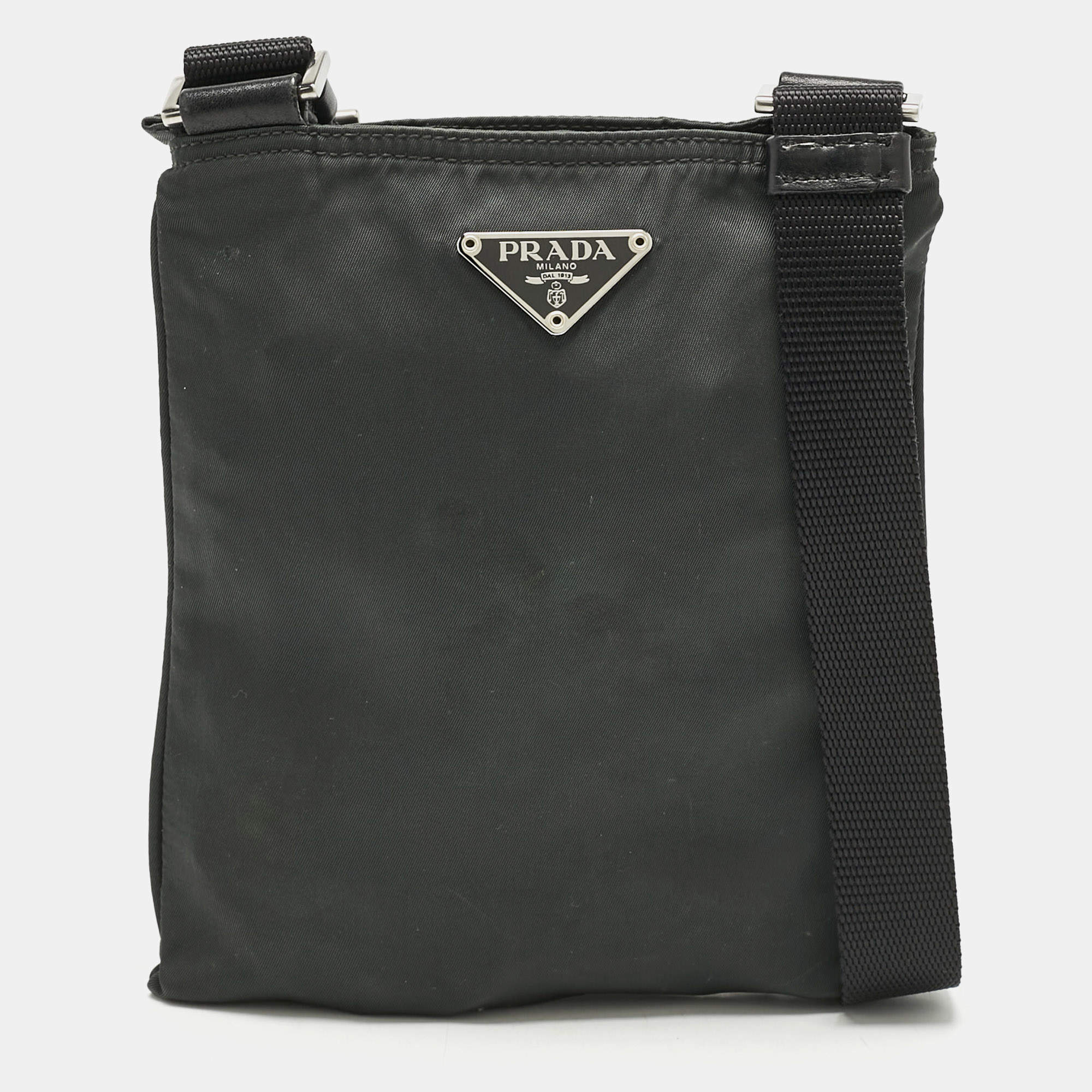 Pre Owned Prada Charcoal Black Nylon Mini Flat Crossbody Bag