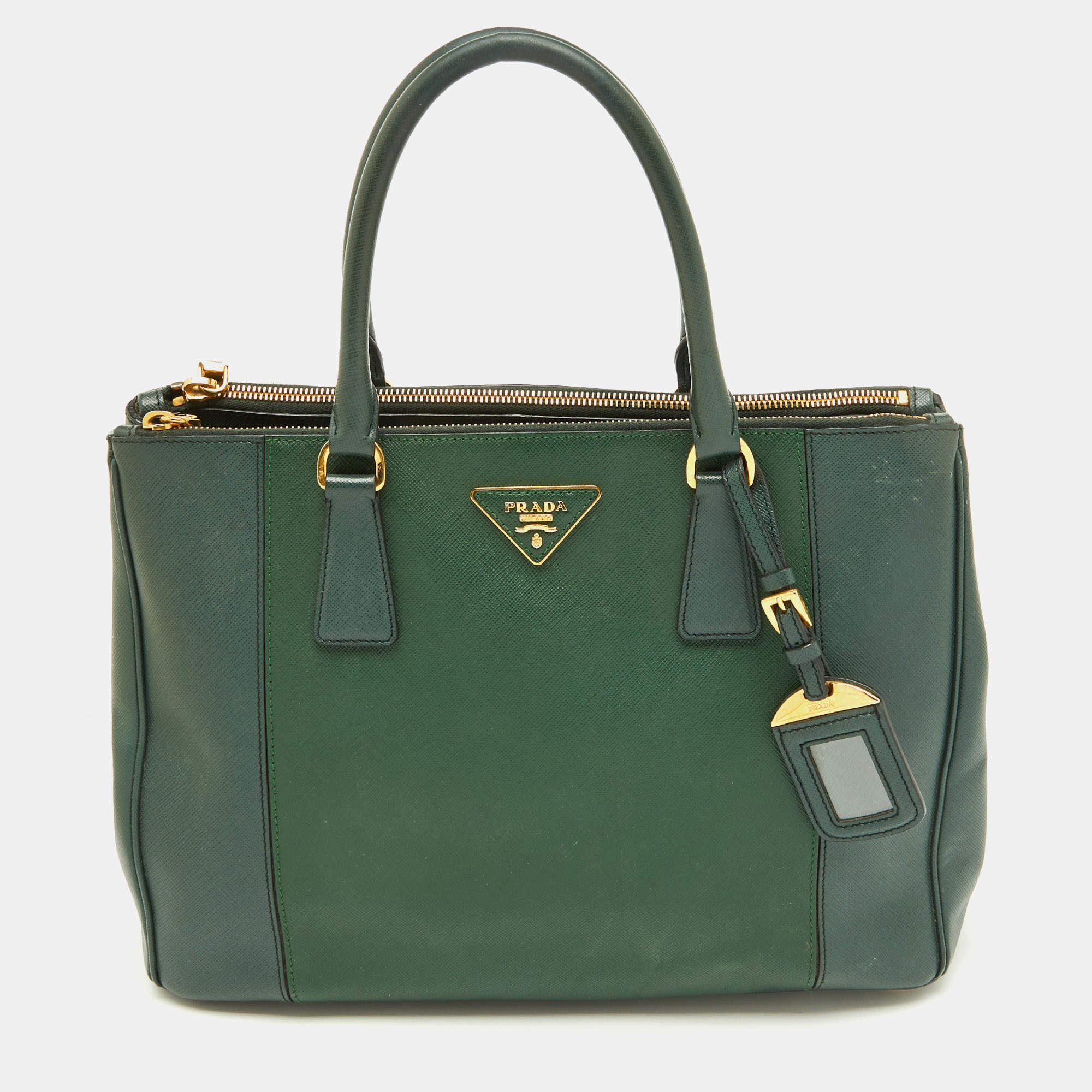 Pre Owned Prada Dark Green Saffiano Leather Medium Galleria Double Zip Tote