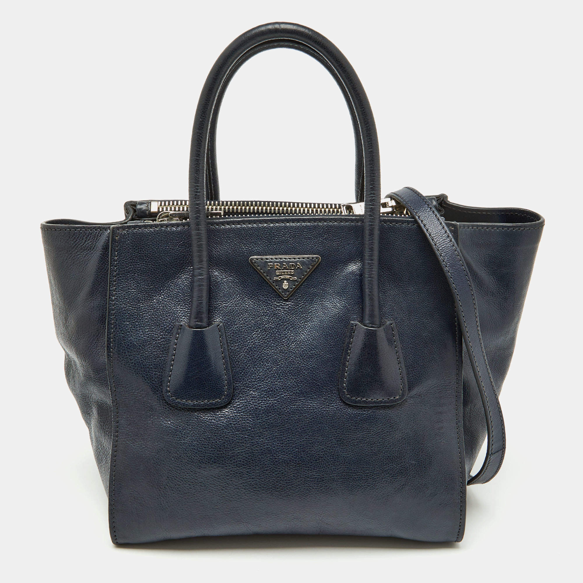 Pre Owned Prada Navy Blue Leather Small Twin Pocket Tote