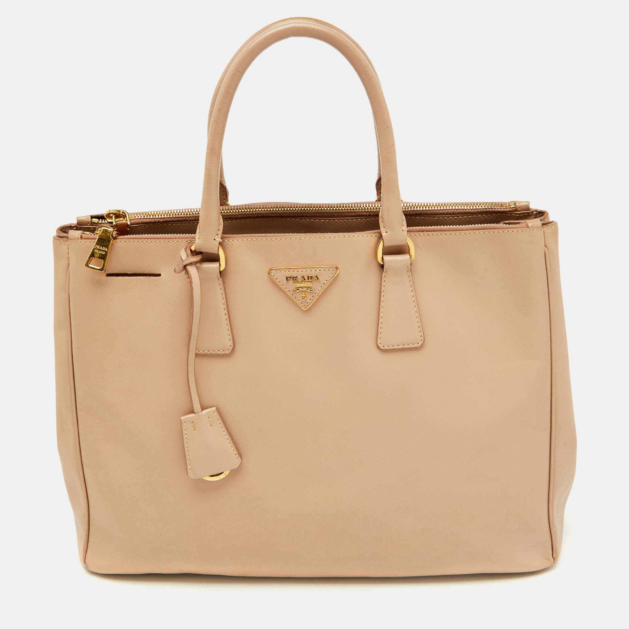 Pre Owned Prada Beige Saffiano Lux Leather Large Galleria Double Zip Tote