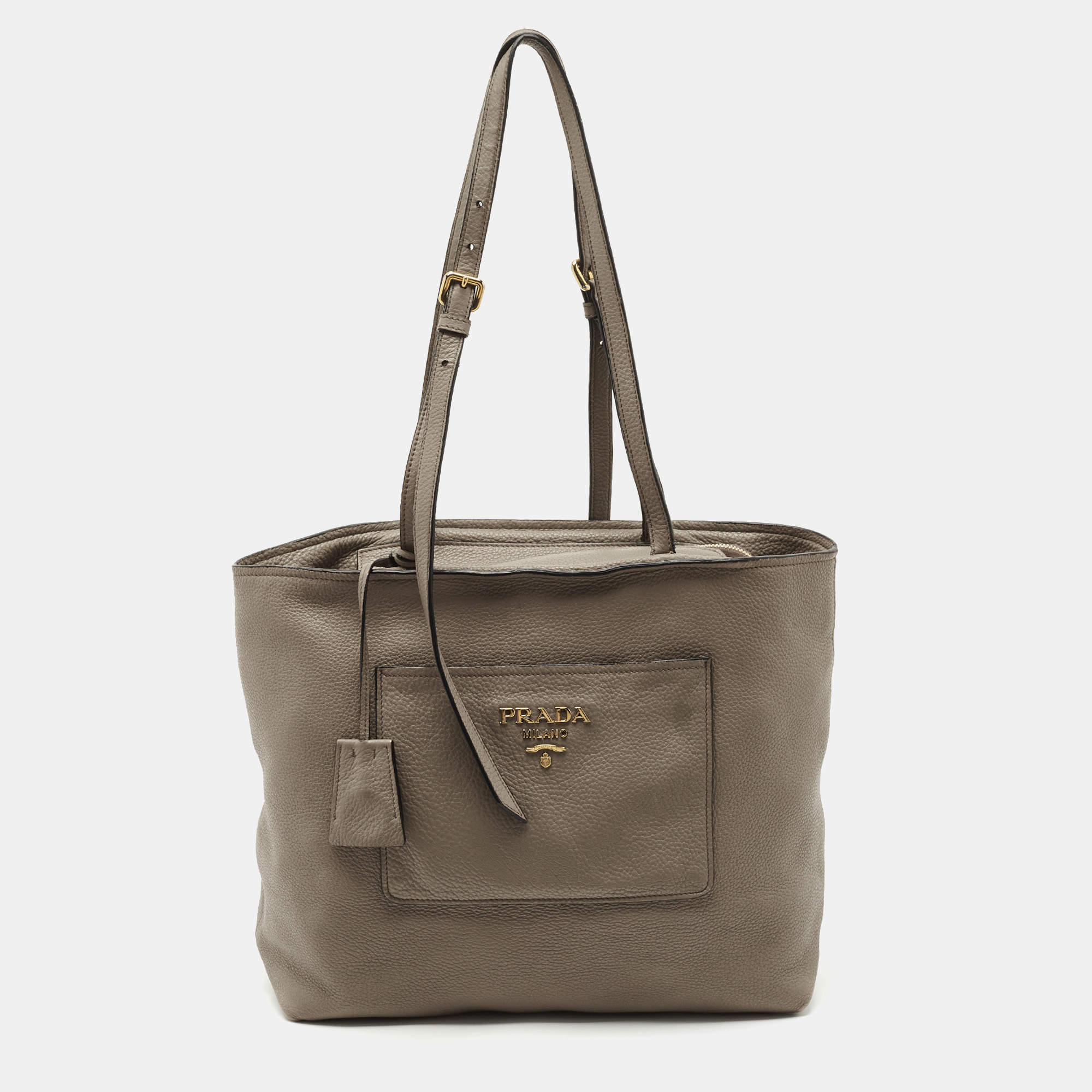 Pre Owned Prada Grey Vitello Daino Leather Zip Tote