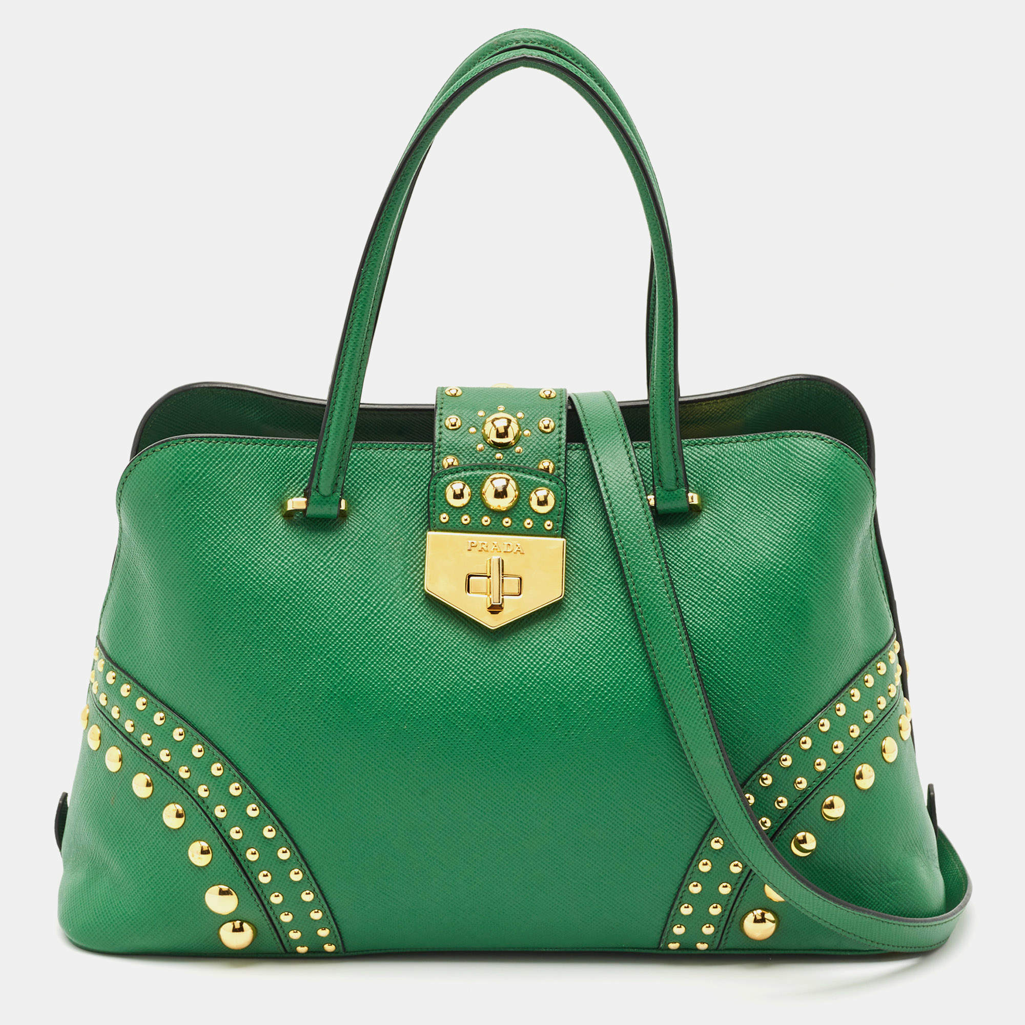Pre Owned Prada Green Saffiano Leather Promenade Studded Satchel