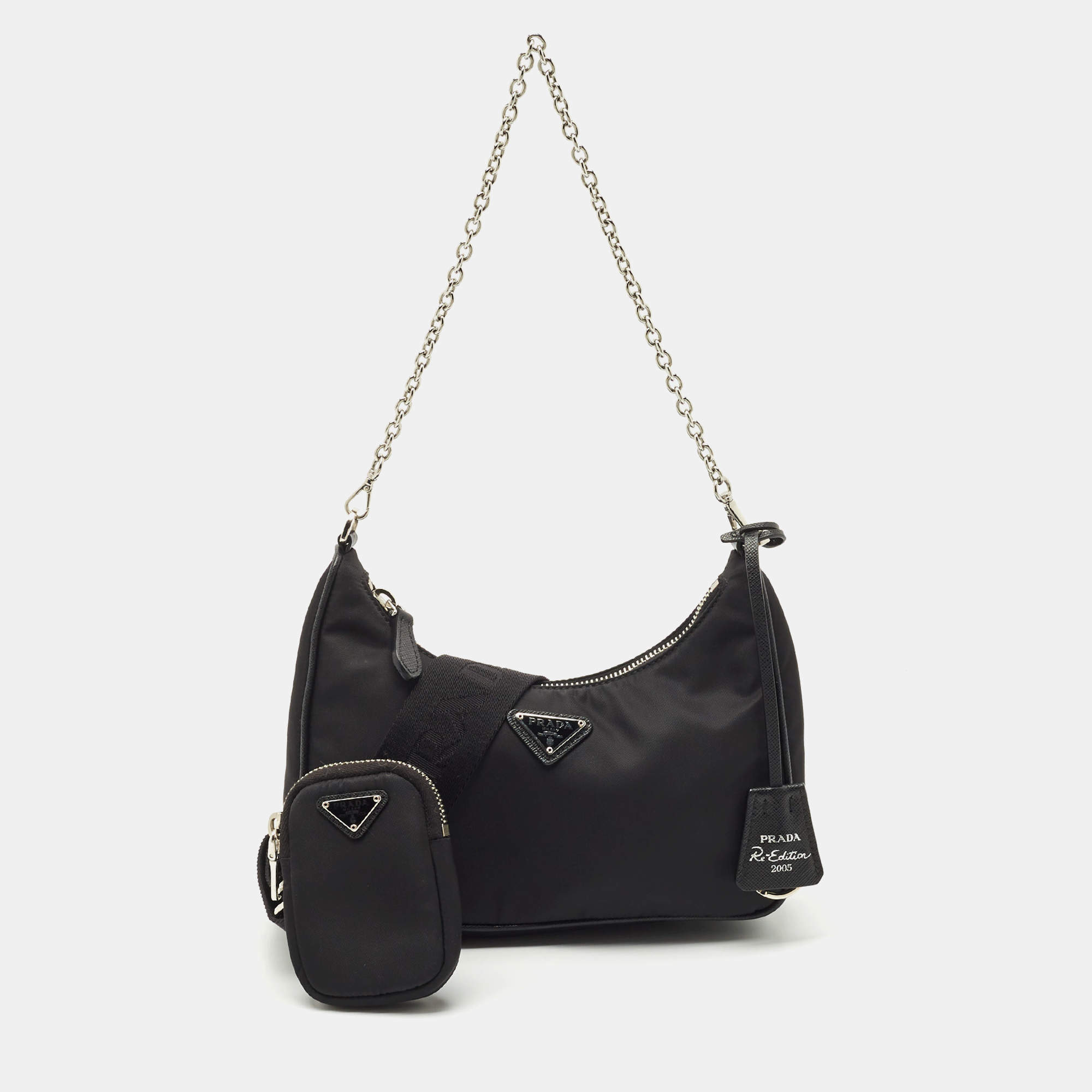 Pre Owned حقيبة كتف برادا نايلون أسود وجلد سافينو ري-إديشن 2005