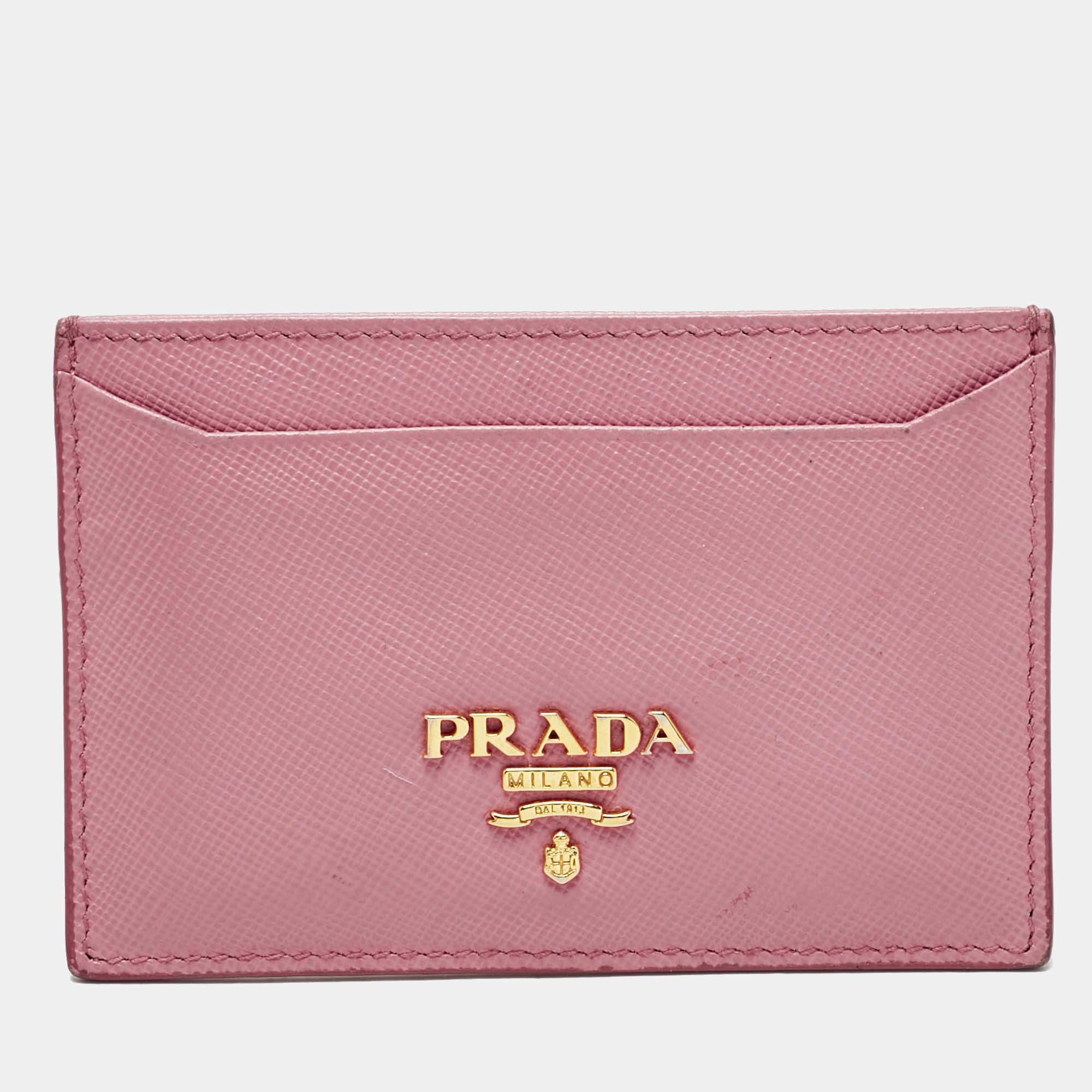 Pre Owned Prada Pink Saffiano Leather Logo Card Holder
