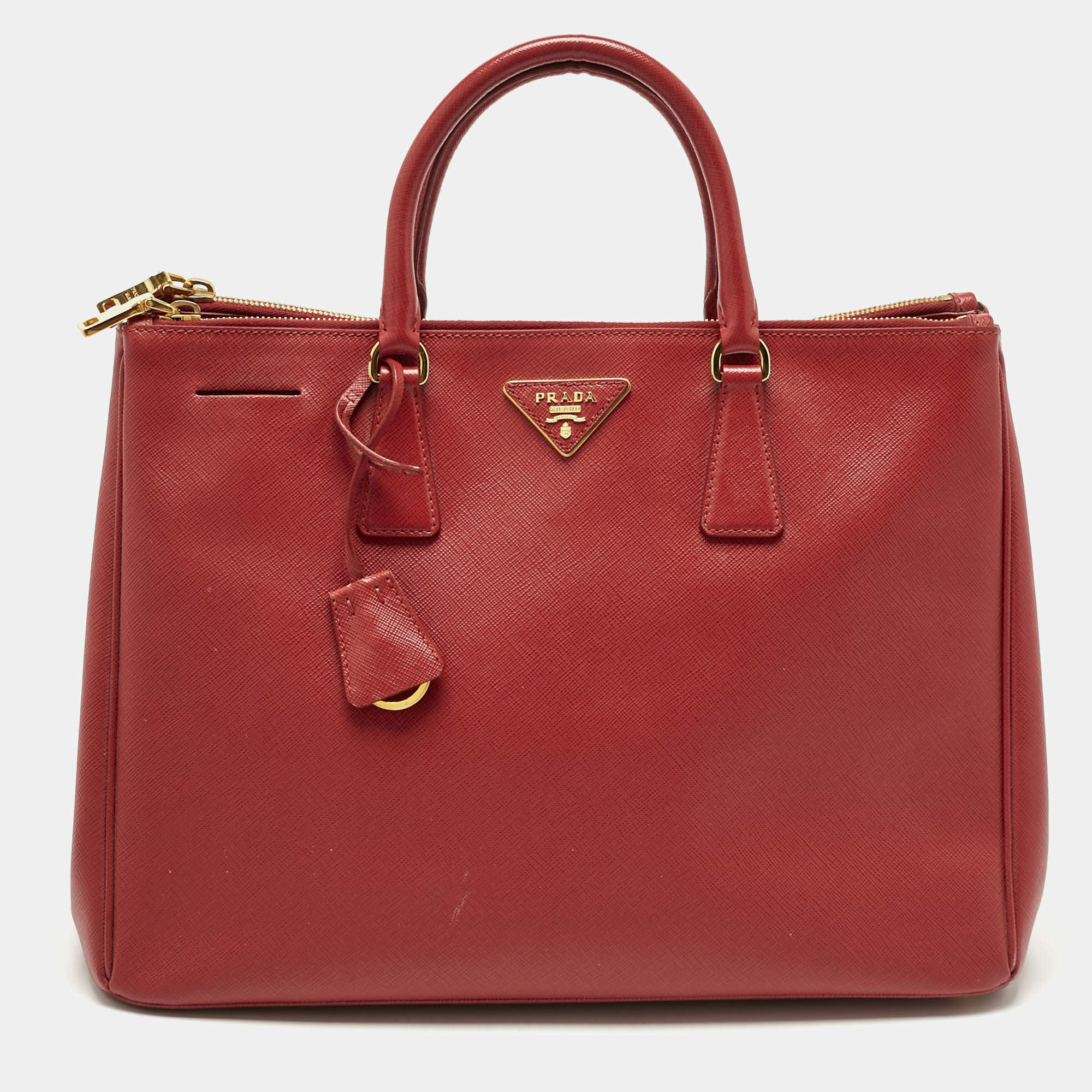 Pre Owned Prada Red Saffiano Lux Leather Large Double Zip Tote