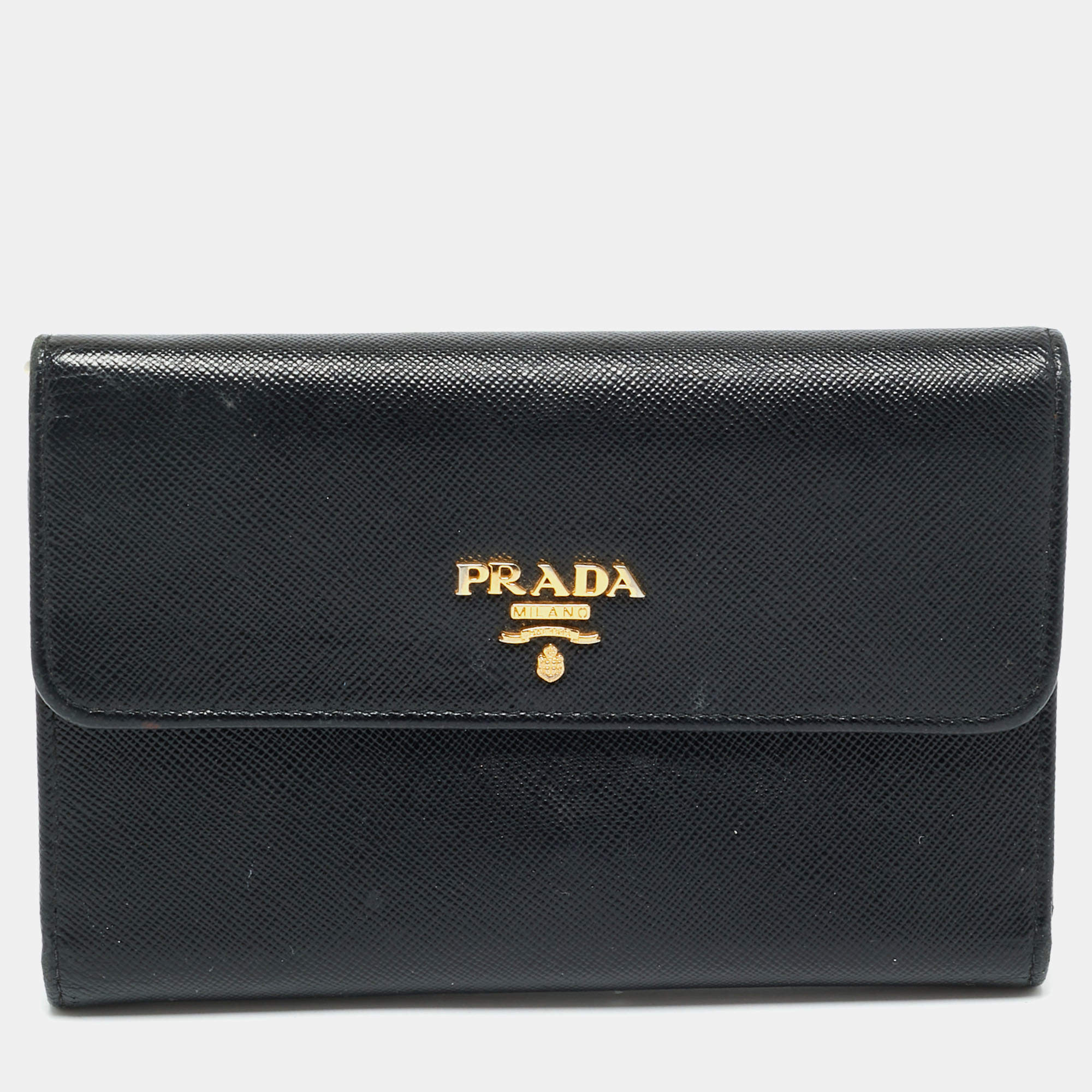 Pre Owned Prada Black Saffiano Lux Leather Logo Trifold Wallet