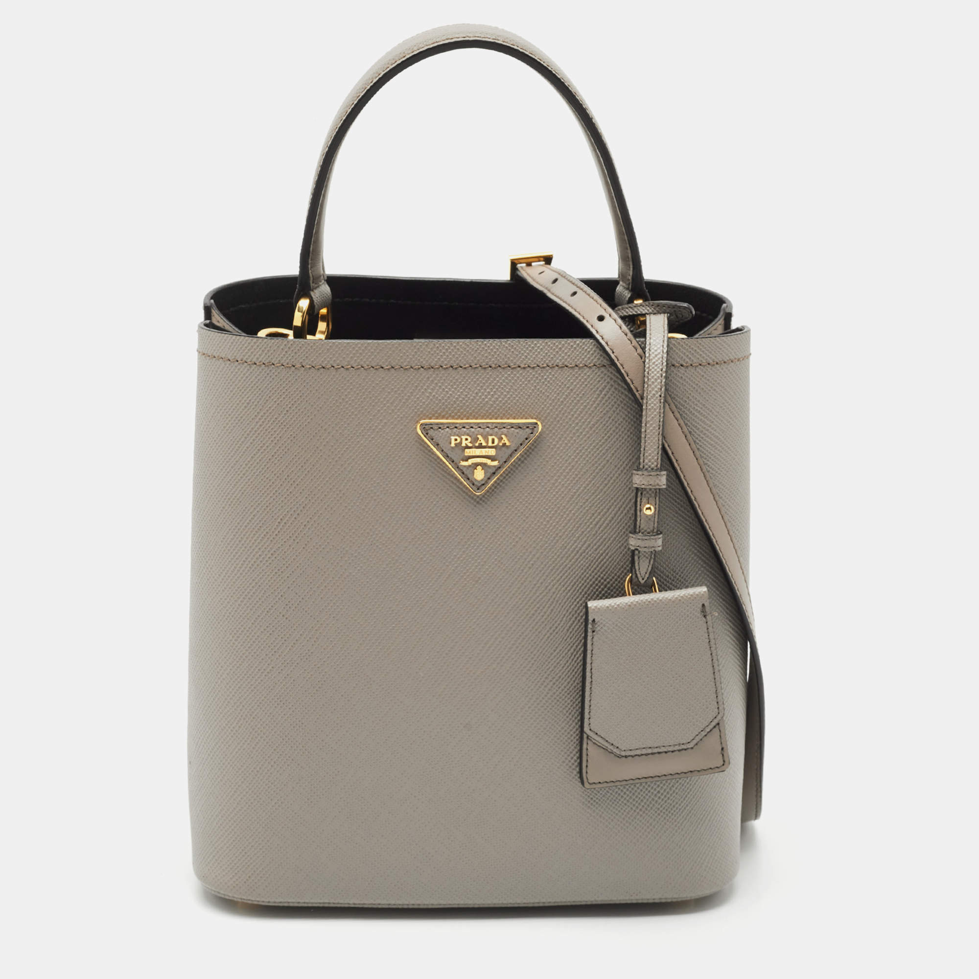 Pre Owned Prada Grey Saffiano Cuir Leather Medium Panier Top Handle Bag