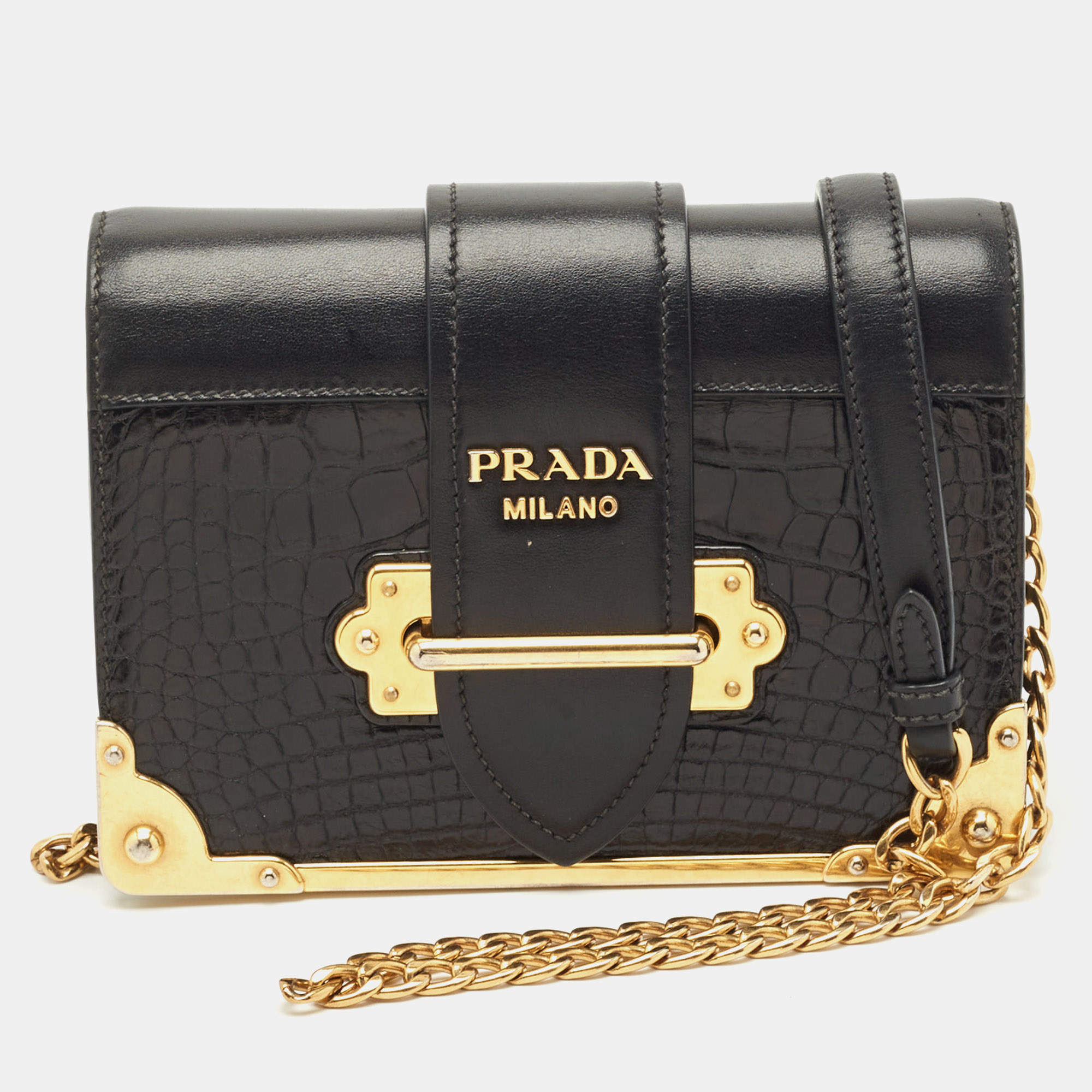 Pre Owned Prada Black Crocodile and Leather Cahier Chain Clutch