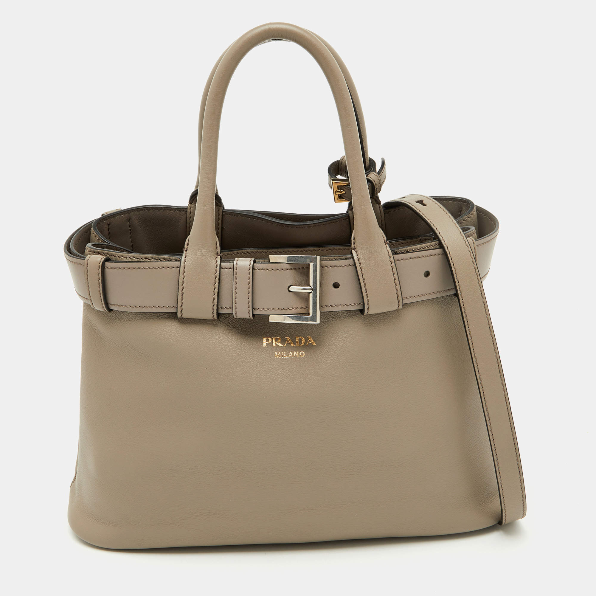 Pre Owned Prada Clay Grey Leather Small Buckle Detail Tote