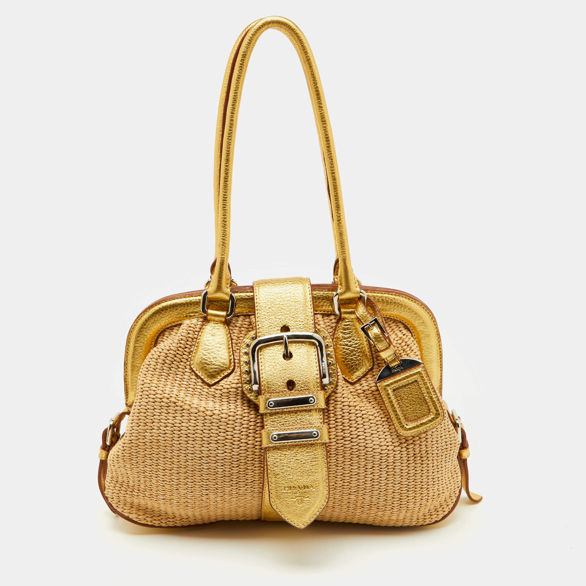 Pre Owned Prada Beige/Gold Woven Raffia and Leather Satchel