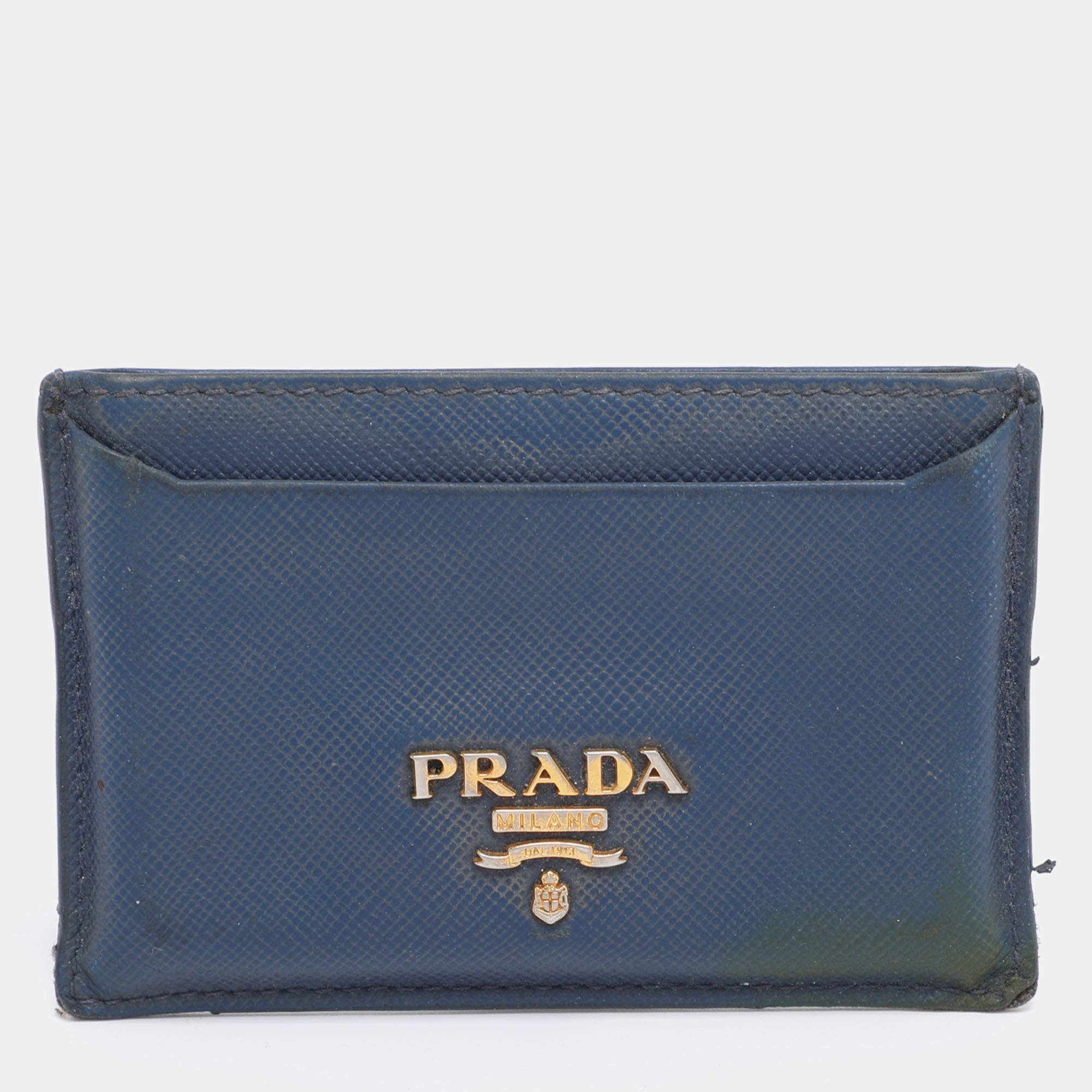 Pre Owned Prada Blue Saffiano Metal Leather Card Holder