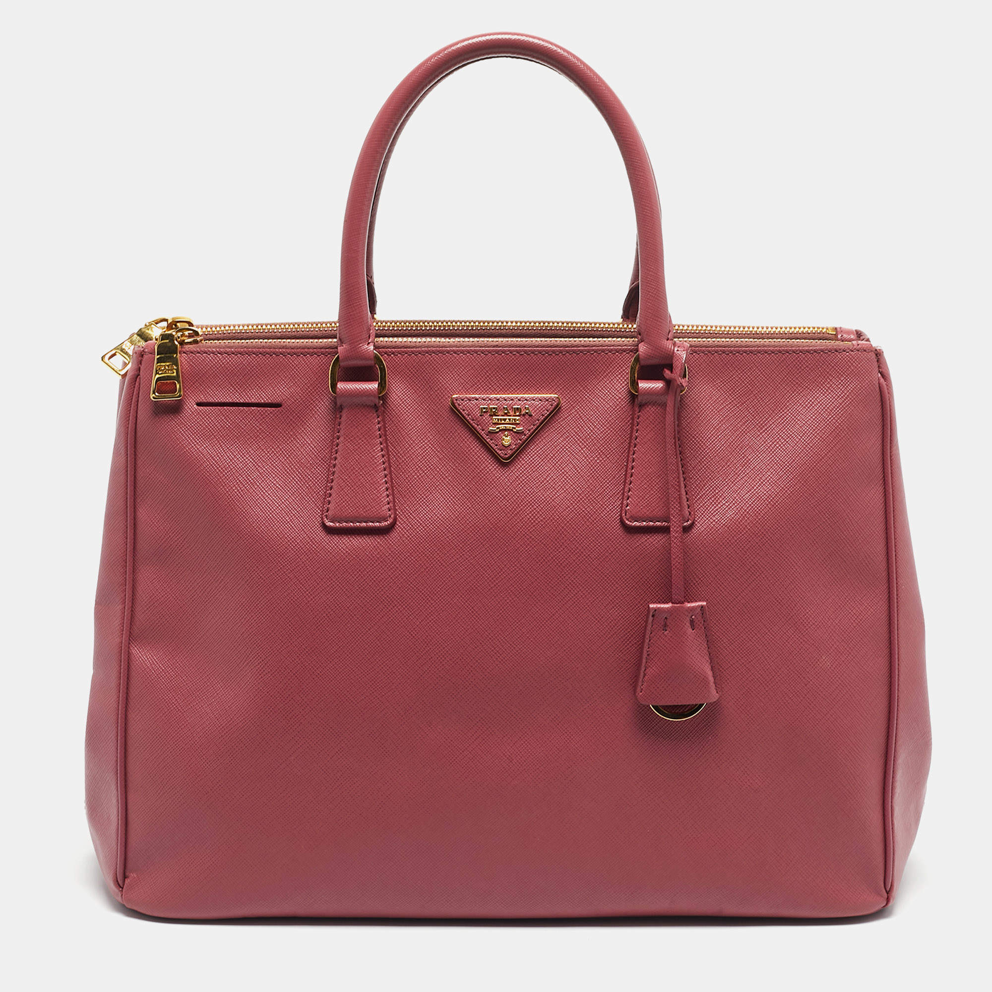 Pre Owned Prada Dark Pink Saffiano Leather Large Double Zip Tote