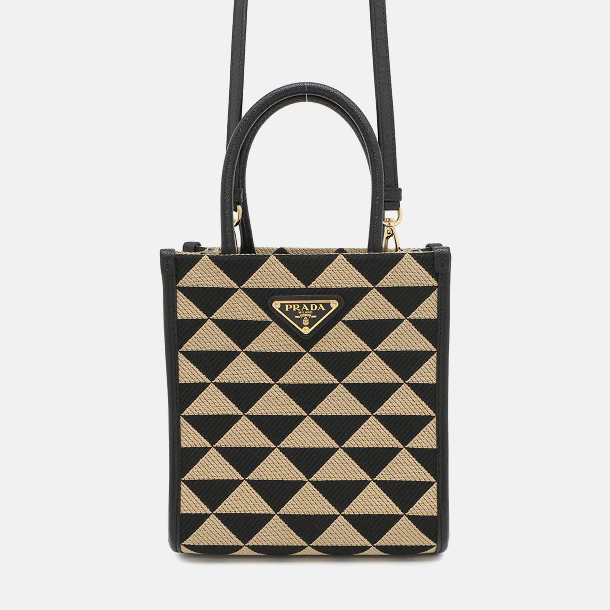 Pre Owned Prada Symbol Embroideryfabric Mini Bag Black/Beige Canvas