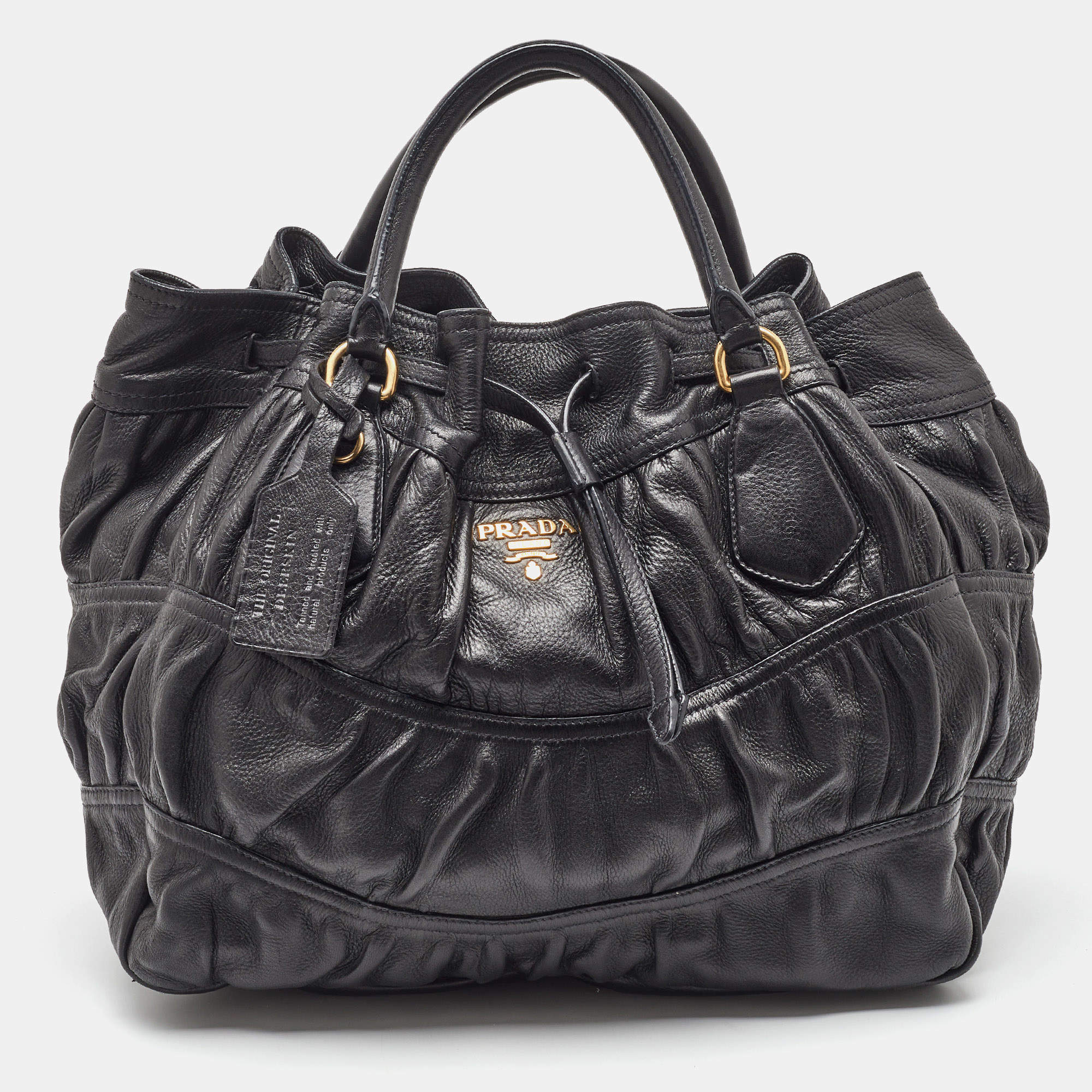 Pre Owned Prada Black Leather Cervo Drawstring Bag